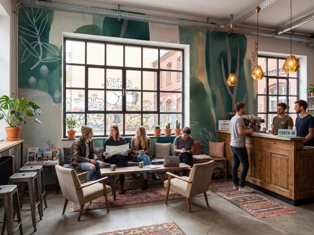 an interior image of a common are at a berlin hostel with an abstract green wallpaper mural on the wall