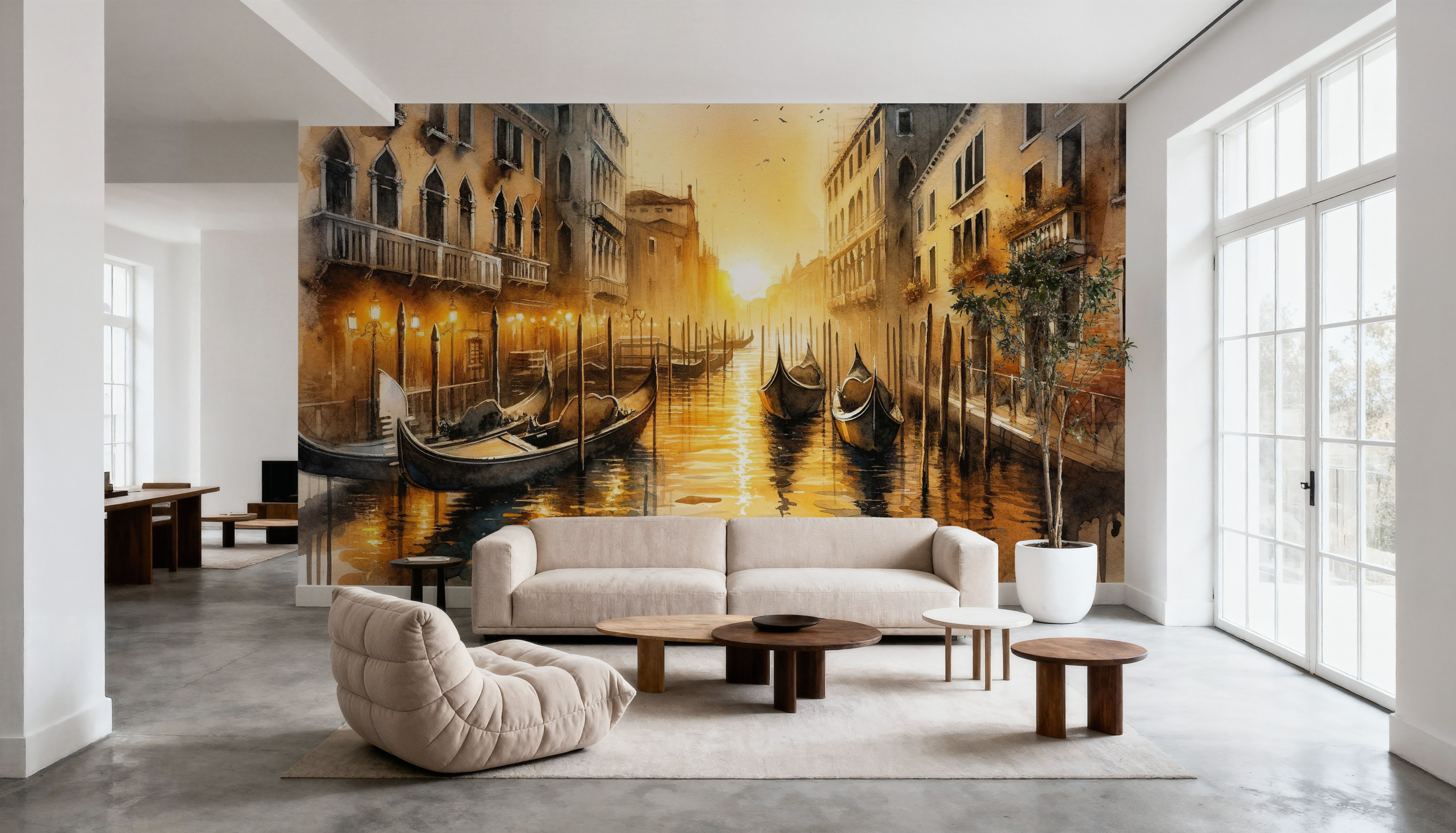 Sunset Over Venetian Canals with Gondolas