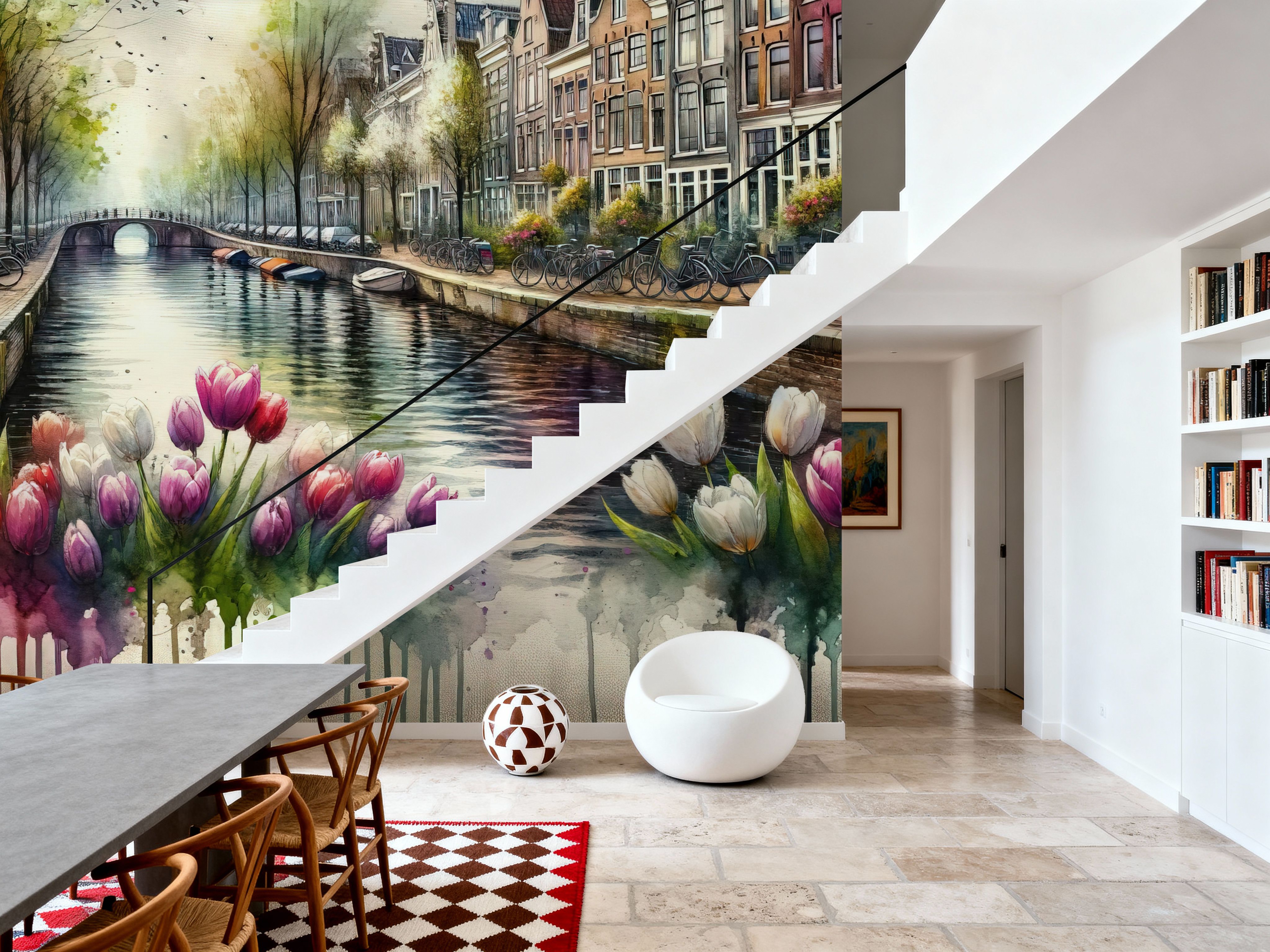 Watercolor Canal Scene Dutch Houses