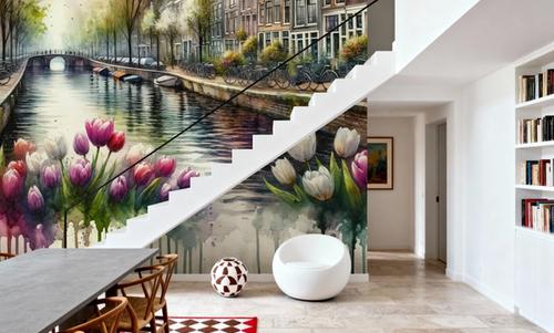 Watercolor Canal Scene Dutch Houses