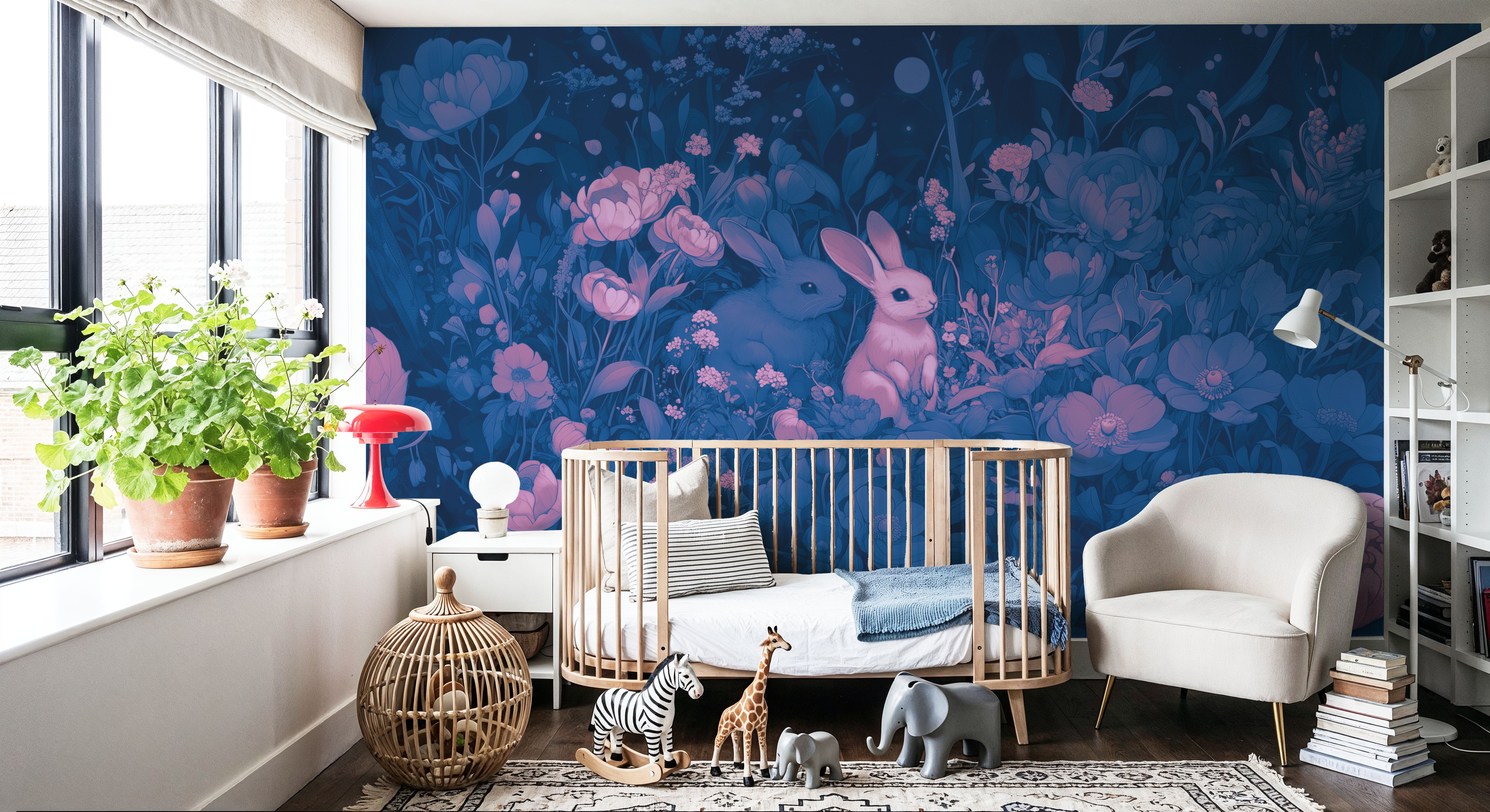 Wall Mural - Rabbits Blue Pink - Fantasy Animals mural wallpaper - Kids' Room - Wallism US - Premium, Textured or Peel & Stick
