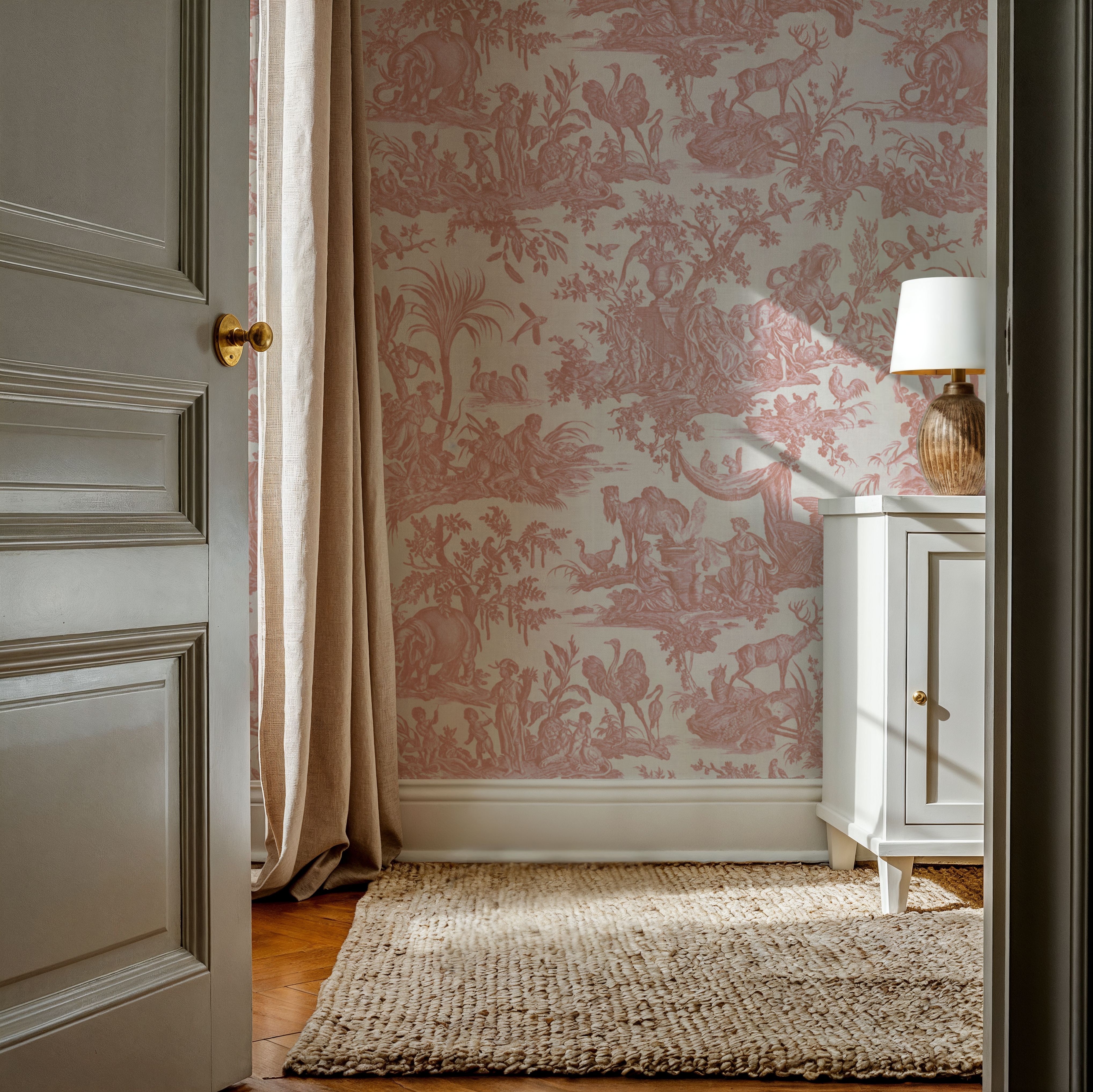 Patinated Linen Toile de Jouy, Rose, Wallpaper