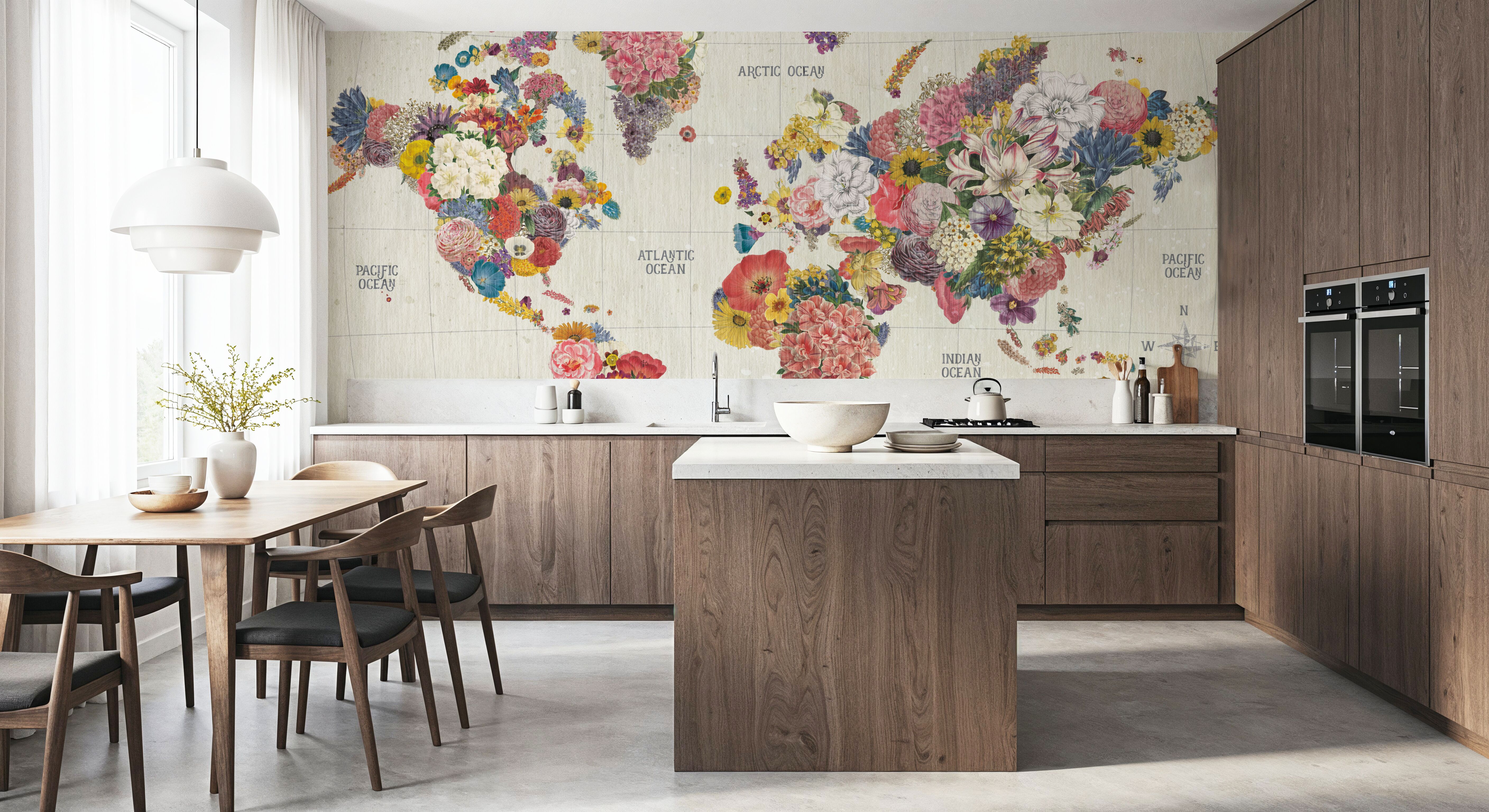 Botanical Floral Map Light Words, Behang