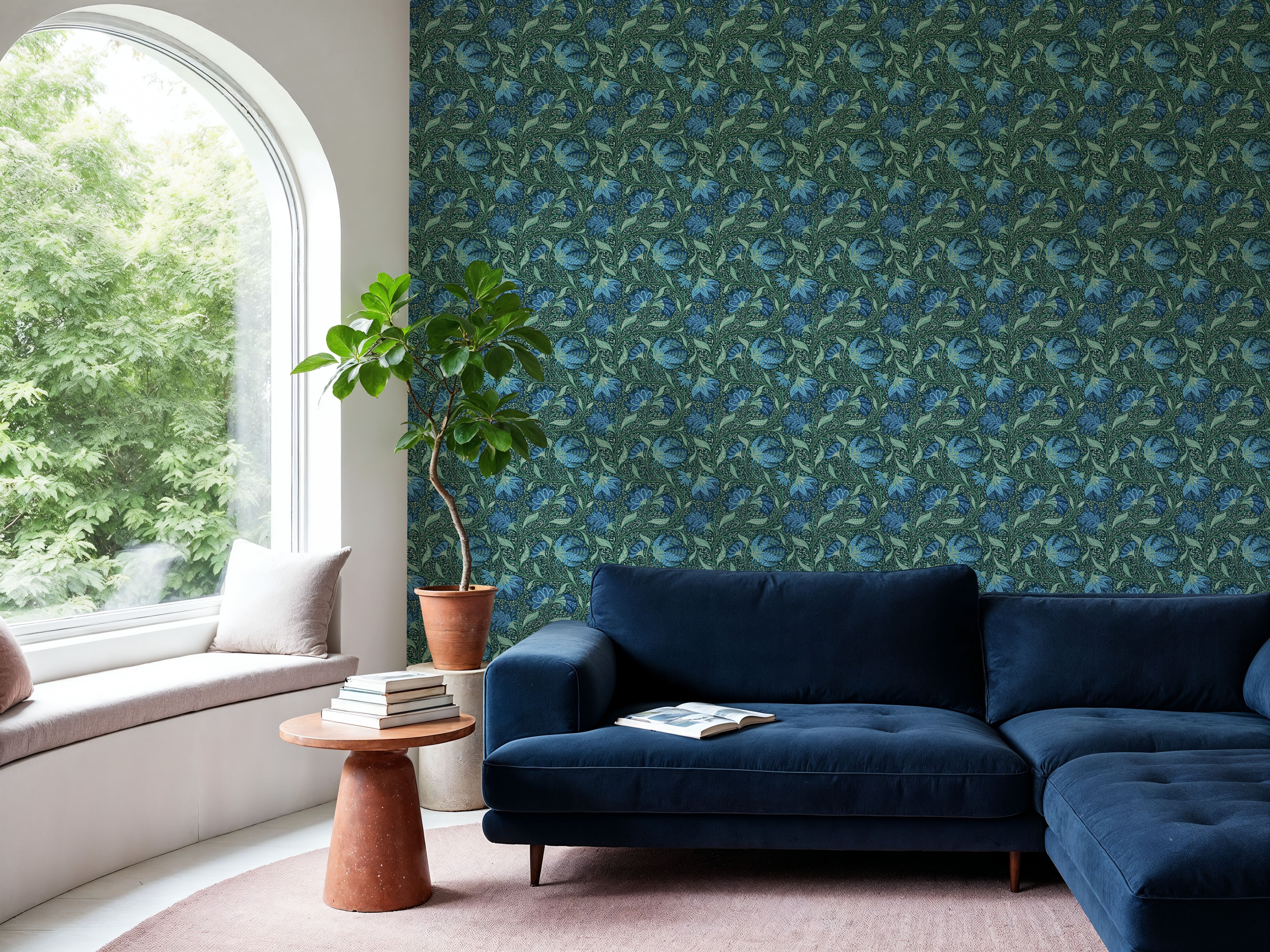 Indial Floral, Teal on Forest