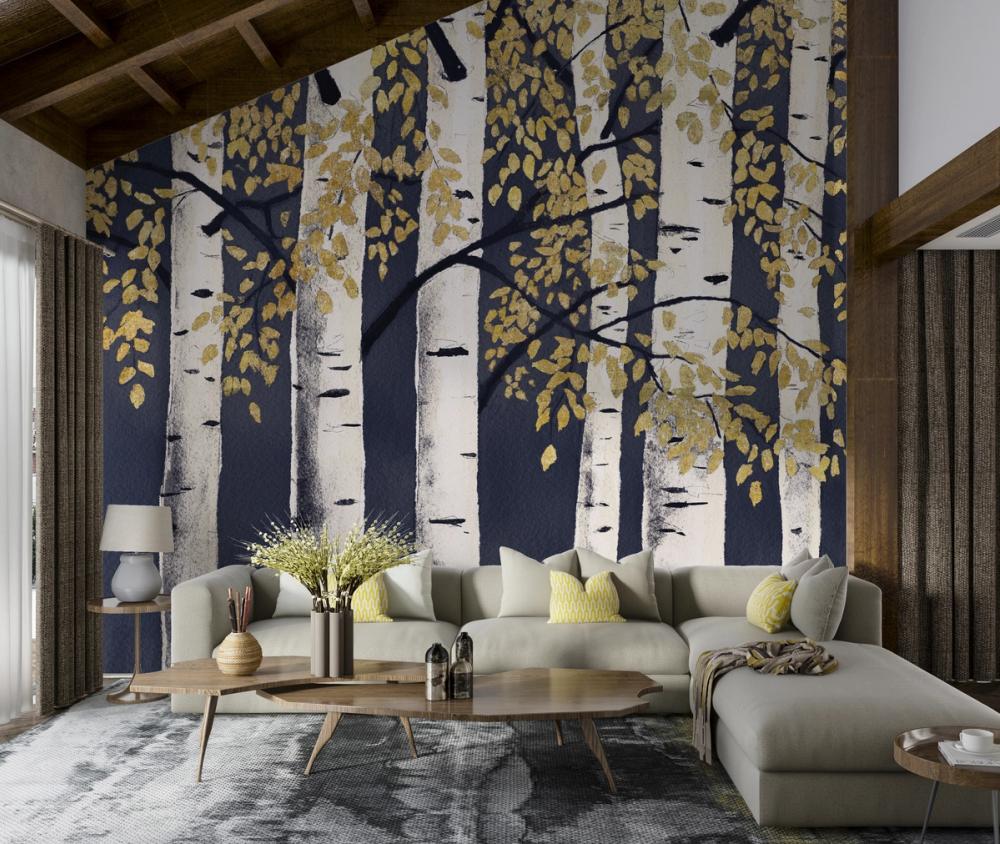 a photo of a lodge livingroom with a birch themed wallpaper murals with dark blue background on the walls