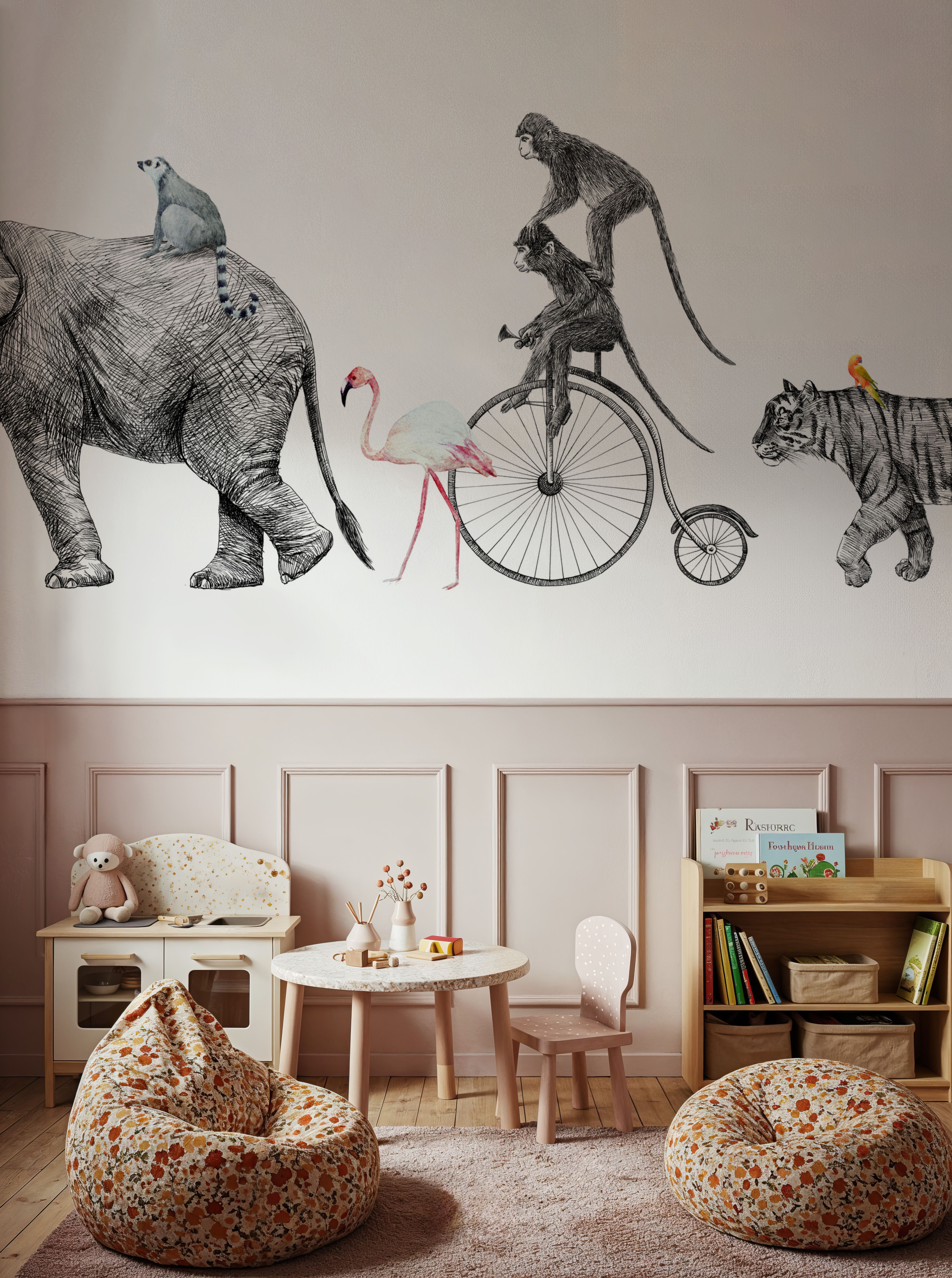 Fun Illustration of Elephant, Tiger & Monkeys on a Walk