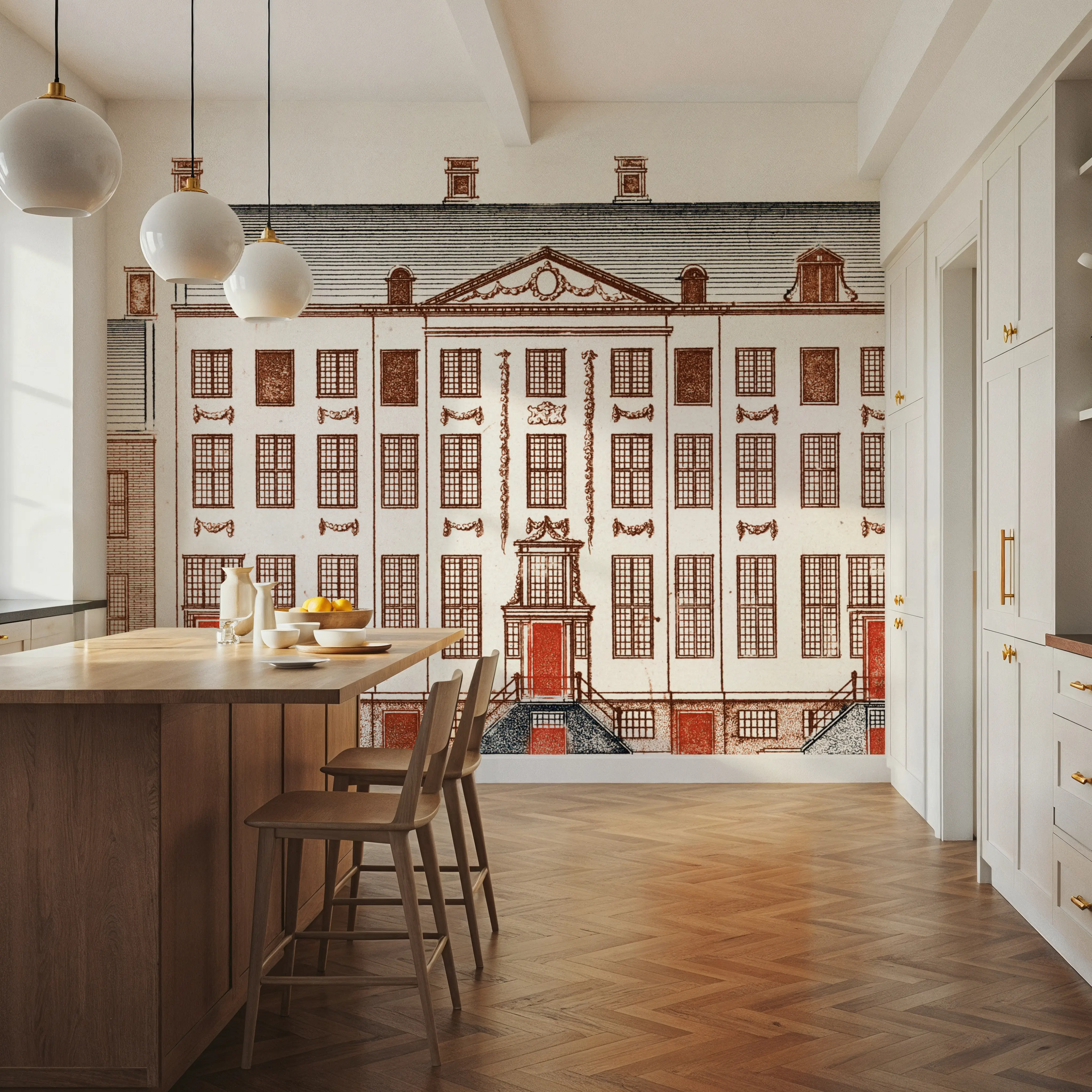 Fotobehang - Amsterdam Canal Houses III - Architectuur Folk Mural - Bruin - Woonkamer - Wallism België - Zelfklevend of Vliesbehang