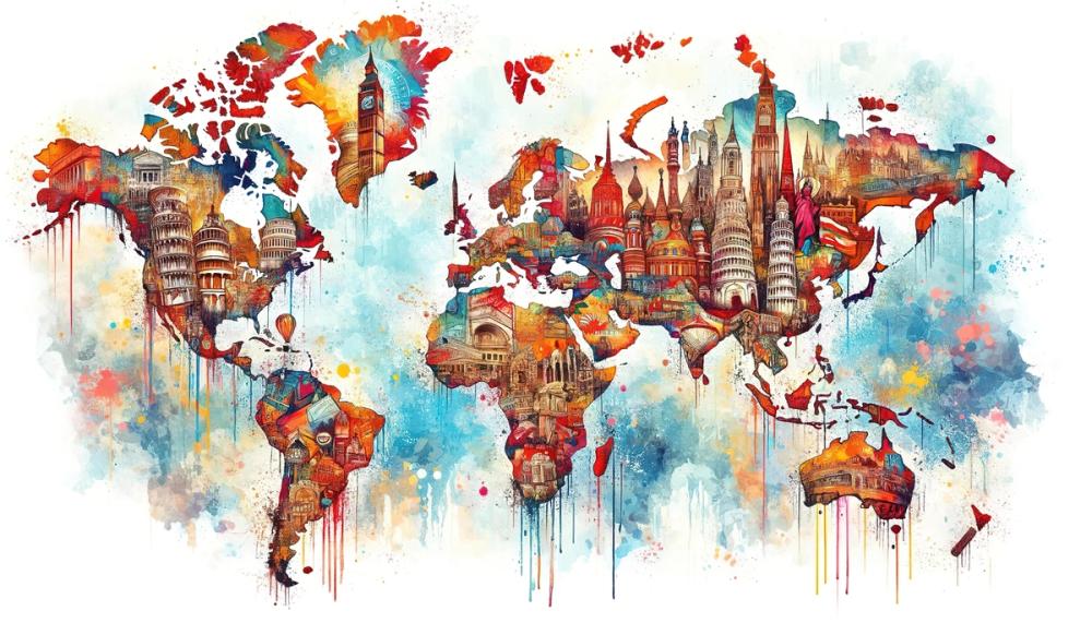 Watercolor World Map Landmarks