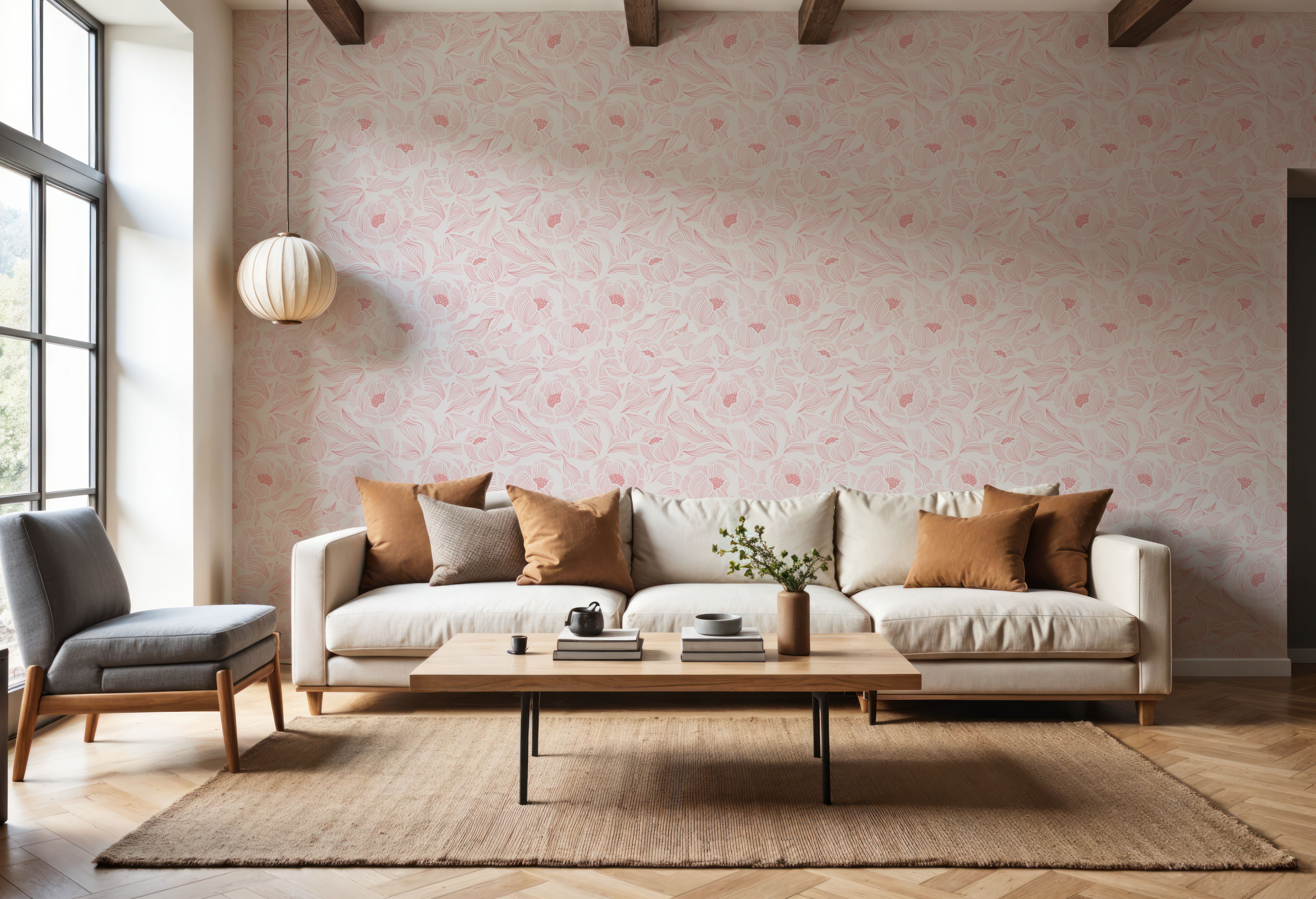 Hidden Peonies, Pink on White, Wallpaper