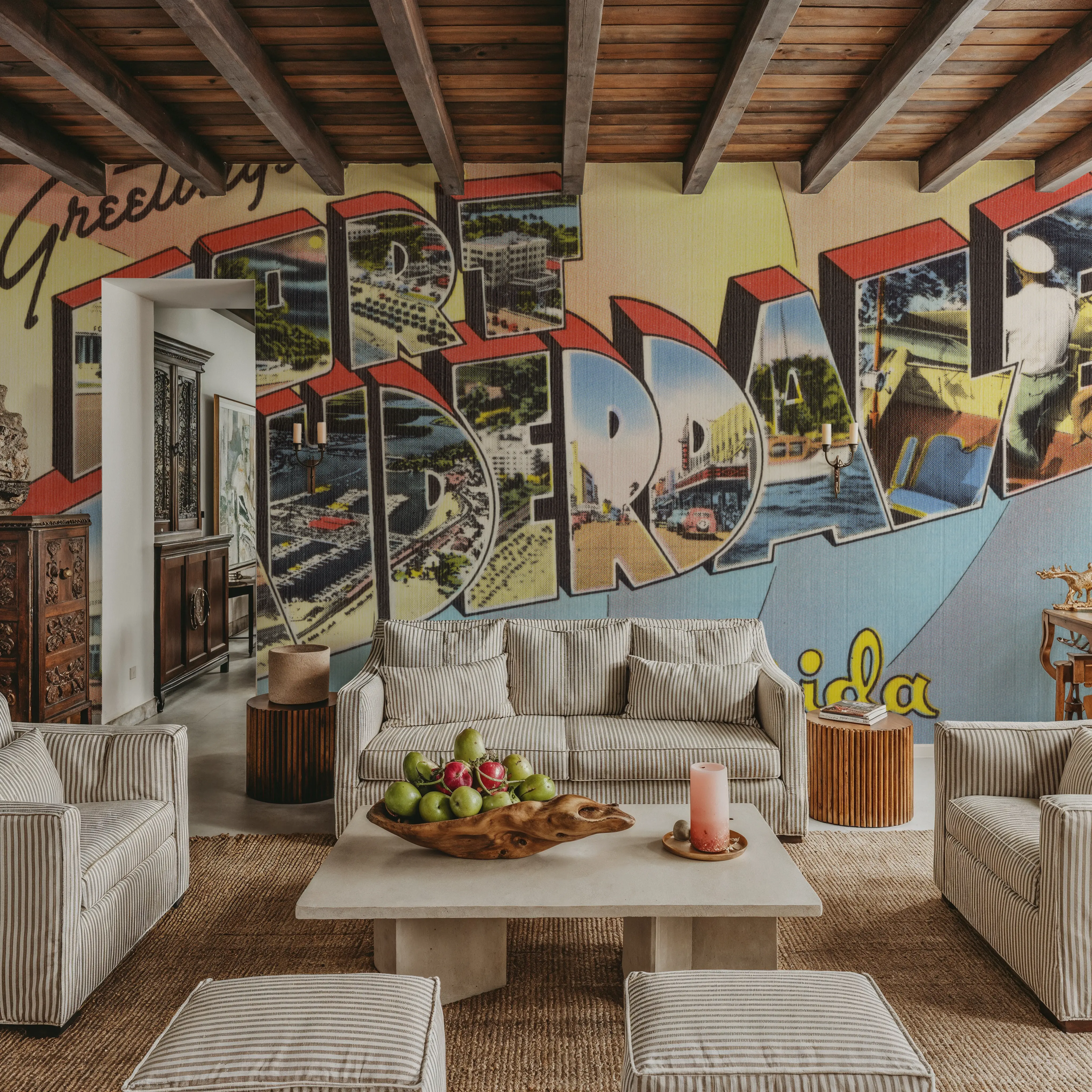 Wall Mural - Greetings from Fort Lauderdale - Screenprint Postcard - Travel & Landmarks mural wallpaper - Dining Room - Wallism UK