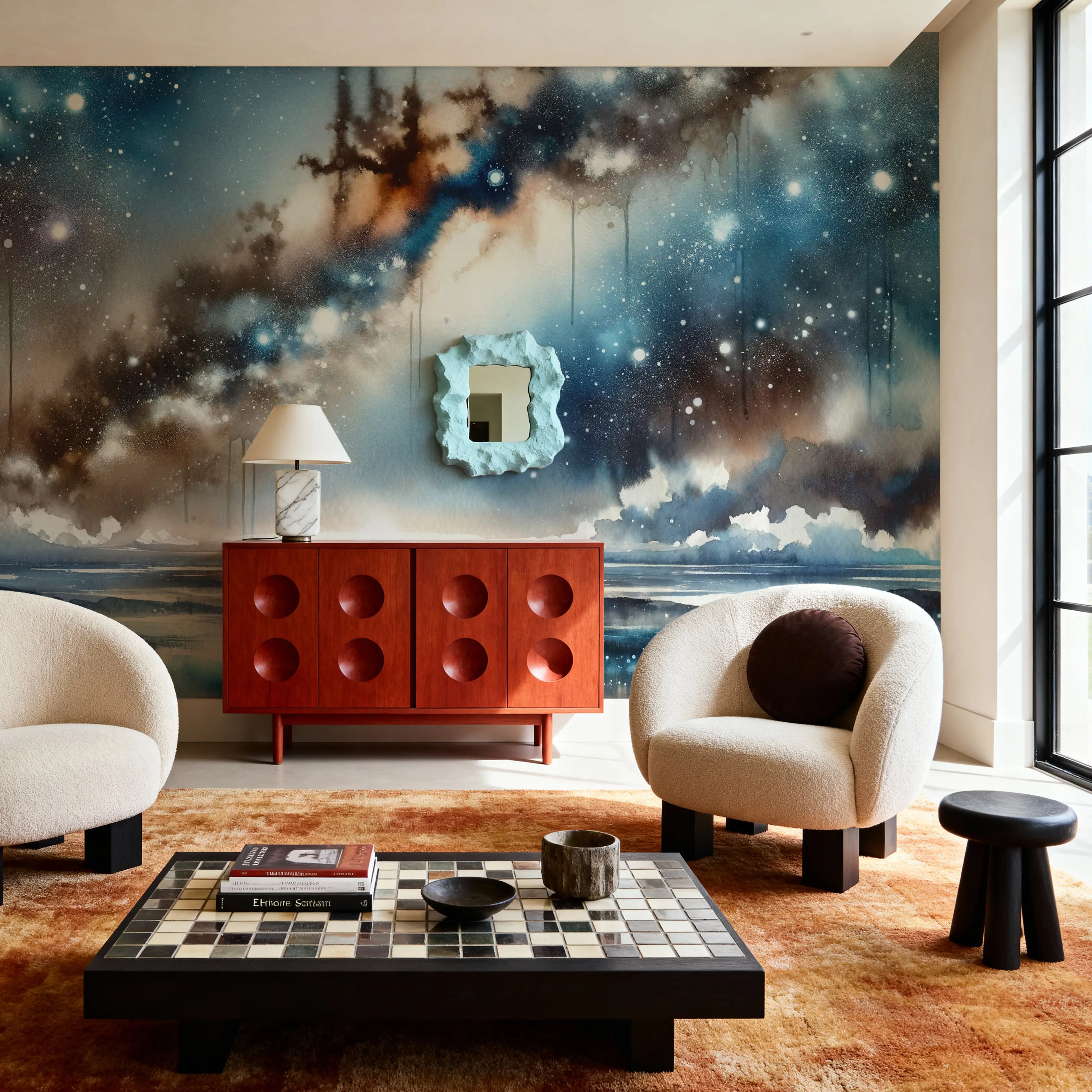 Papier Peint Panoramique - Starry Night Over Tranquil Waters - Mer Paysages - Bleu - Salon - Wallism Belgique - Encollage au mur ou Autocollant