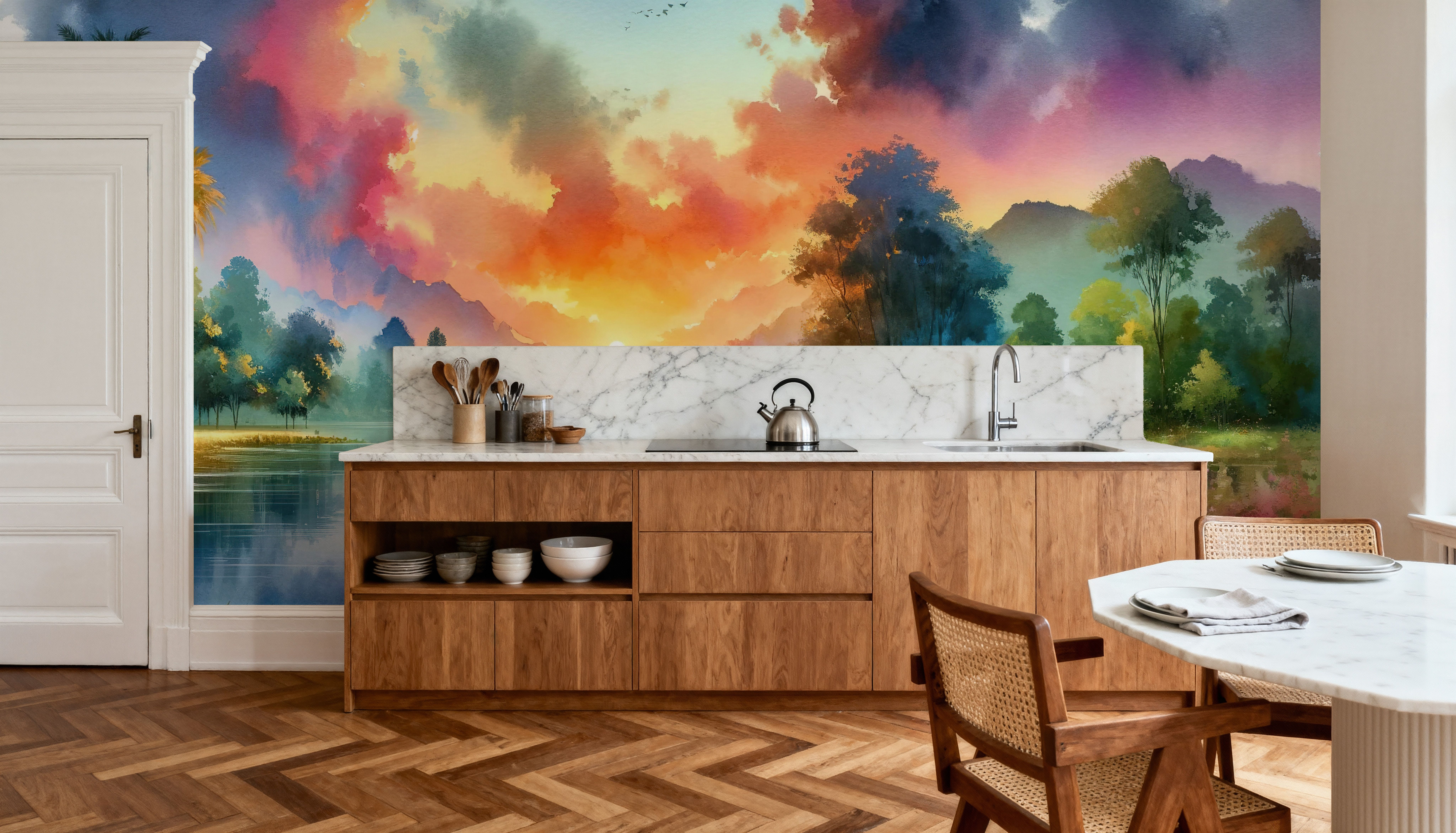 Vibrant Sunset Over Serene Lake, Wallpaper