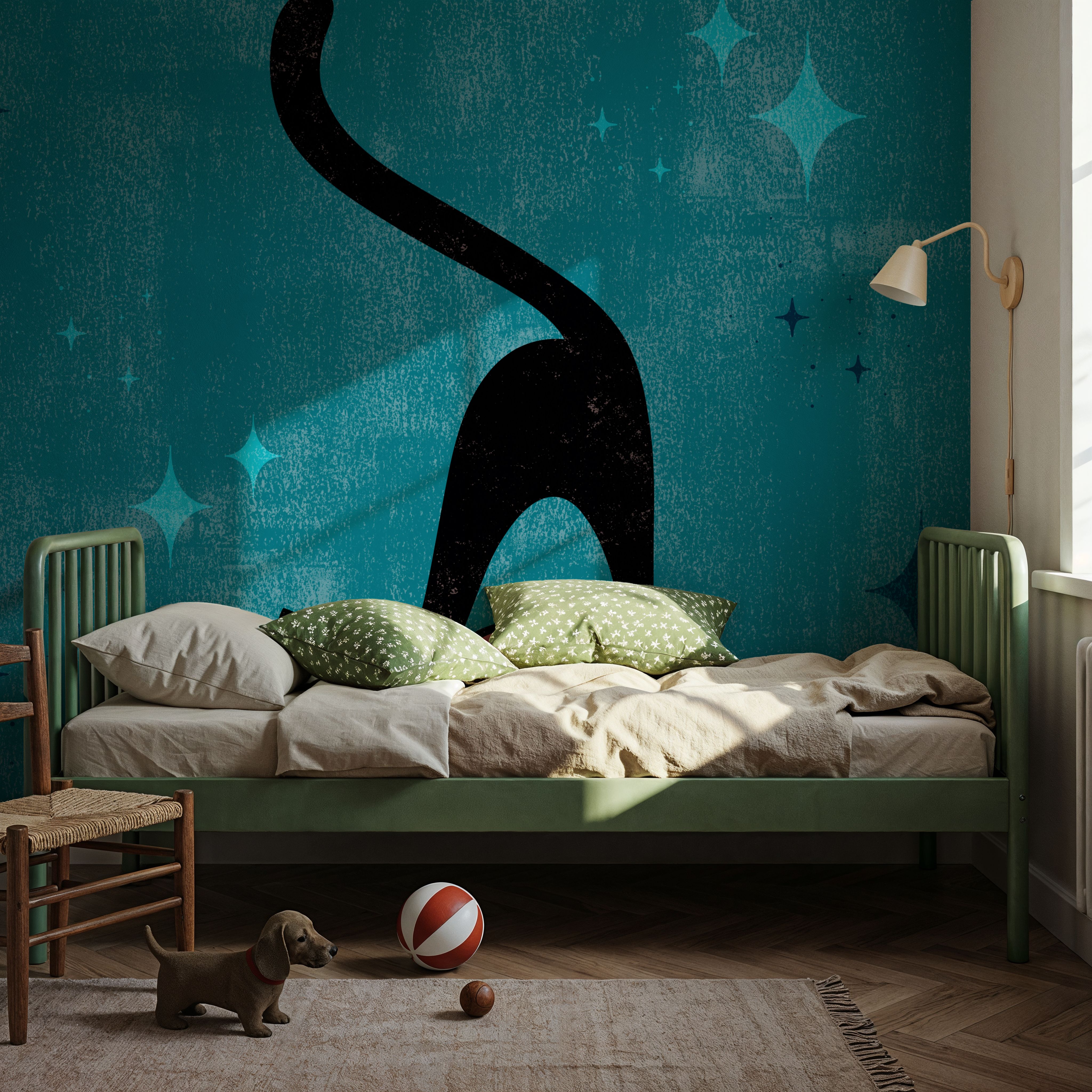 Wall Mural - Retro Cat, Blue - Pets Animals mural wallpaper - Living room - Wallism US - Premium, Textured or Peel & Stick