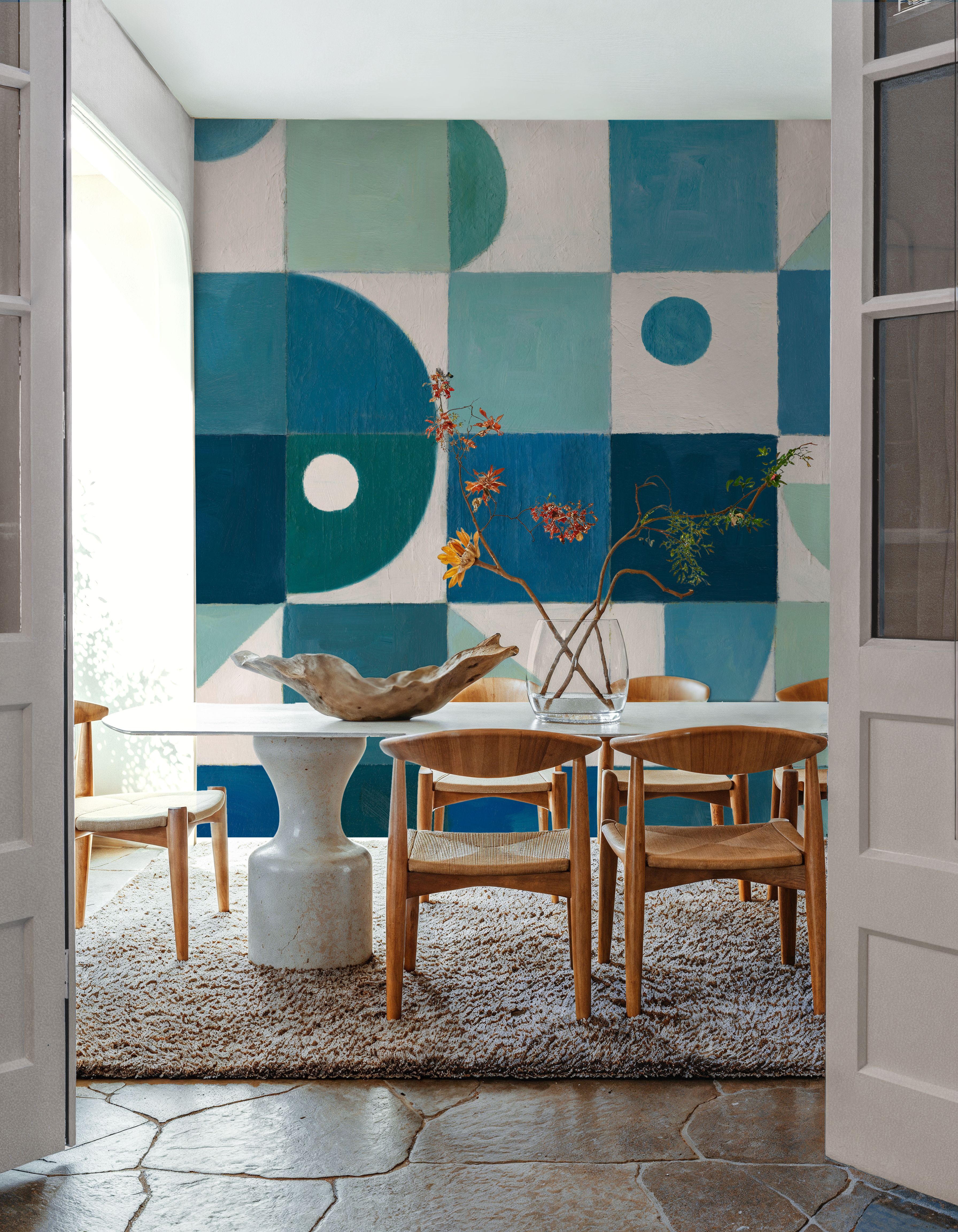 Wall Mural - Cubic Harmony - Circles Squares mural wallpaper - Blue - Dining Room - Wallism US - Premium, Textured or Peel & Stick