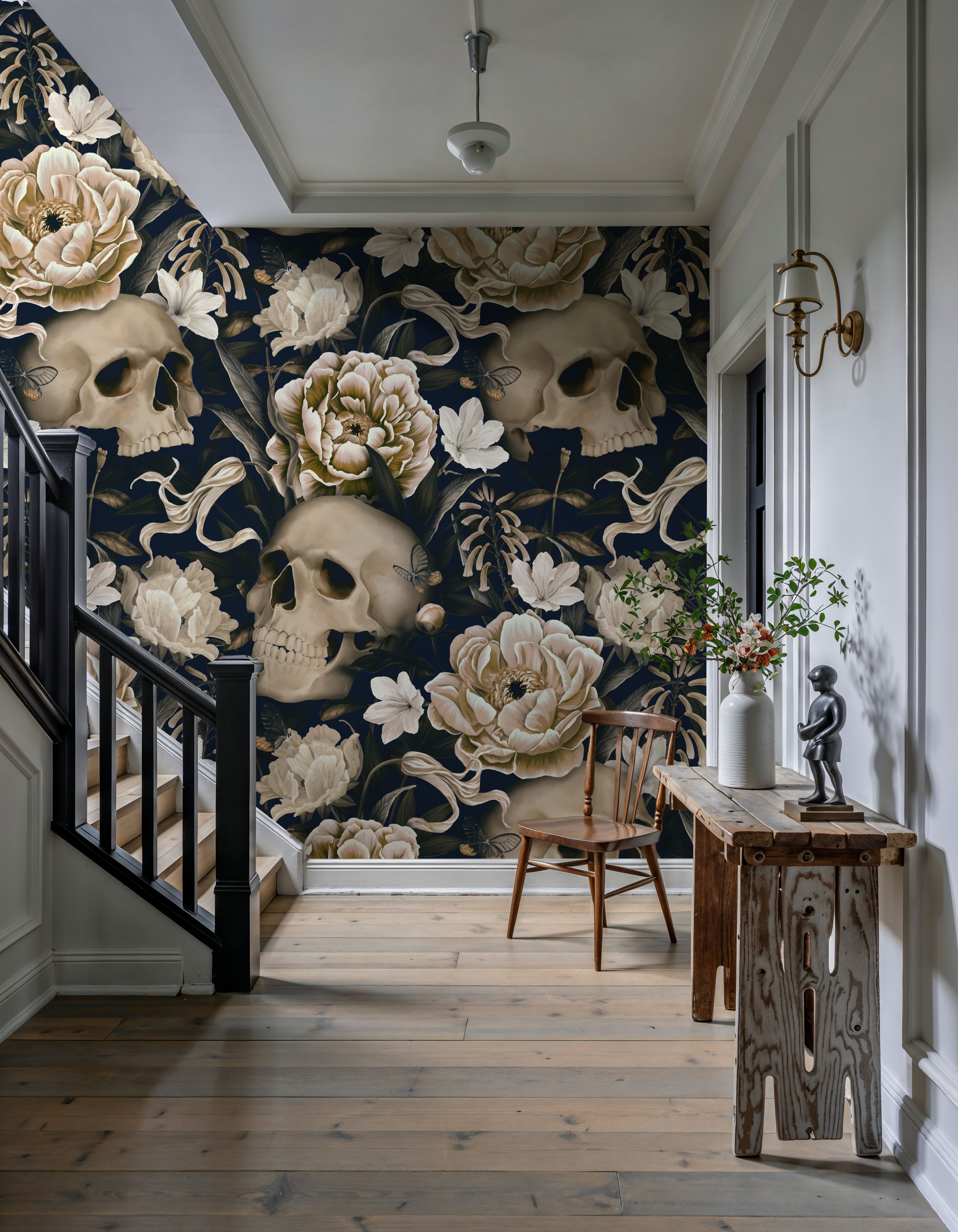 Peonies and Skulls Dark Blue
