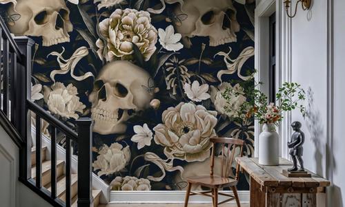 Peonies and Skulls Dark Blue