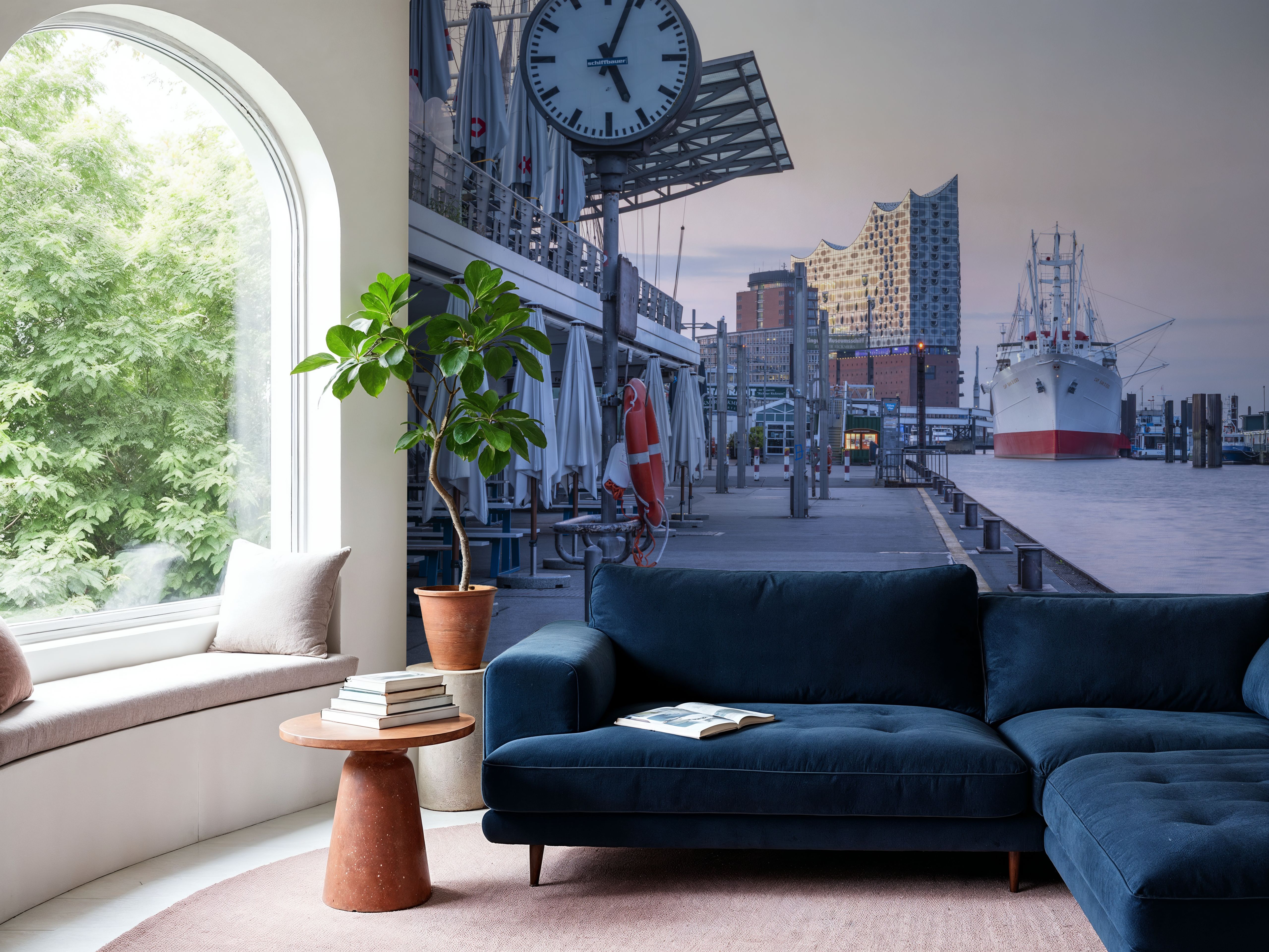 Wall Mural - Harbor Clock - Architecture Travel & Landmarks mural wallpaper - Blue - Hallway staircases - Wallism UK