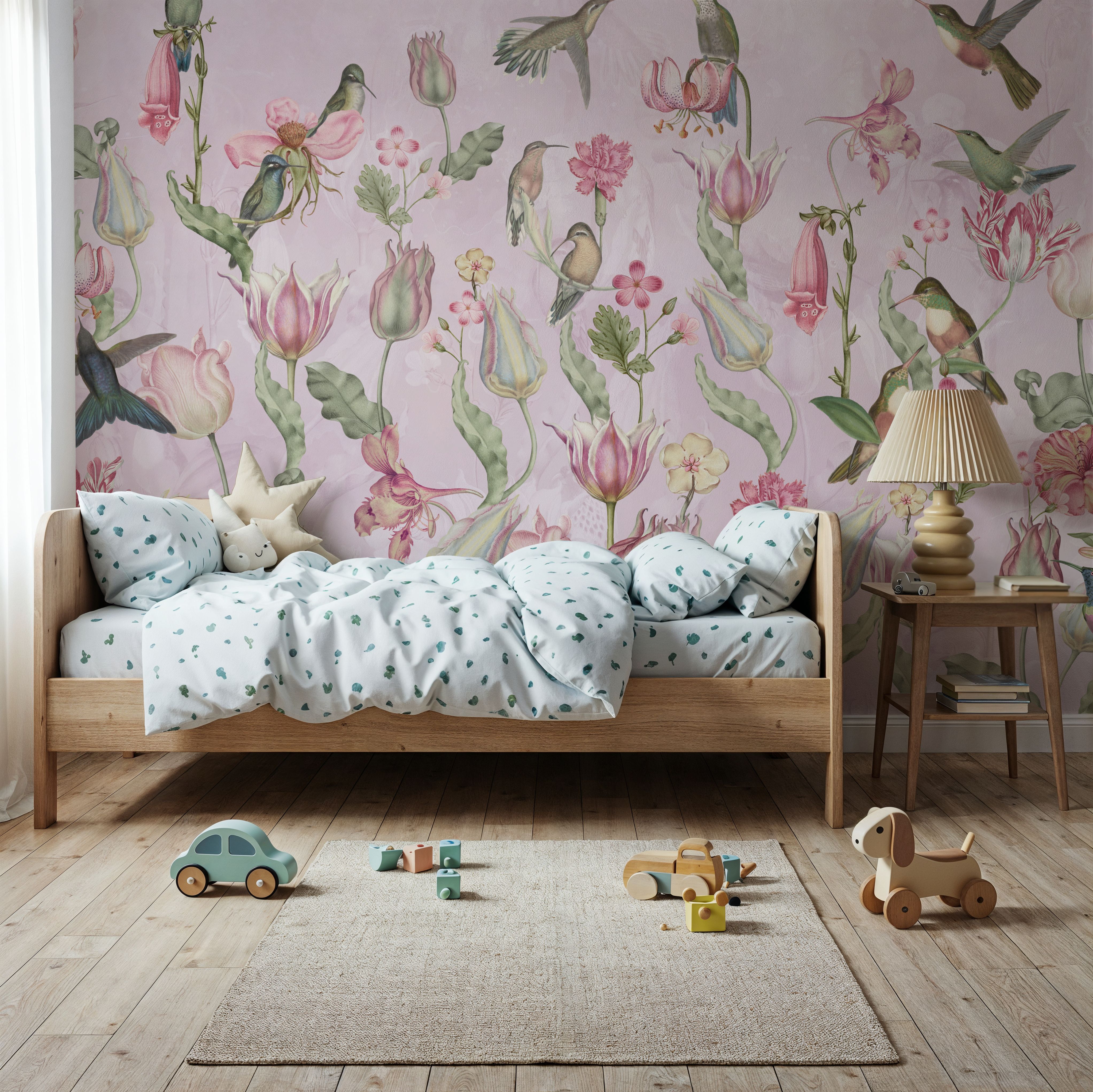 Fotomurale - Tulips & Birds, Soft Pink - Uccelli Natura - Rosa - Cameretta - Wallism Italia - Incollare al muro o Autoadesivo