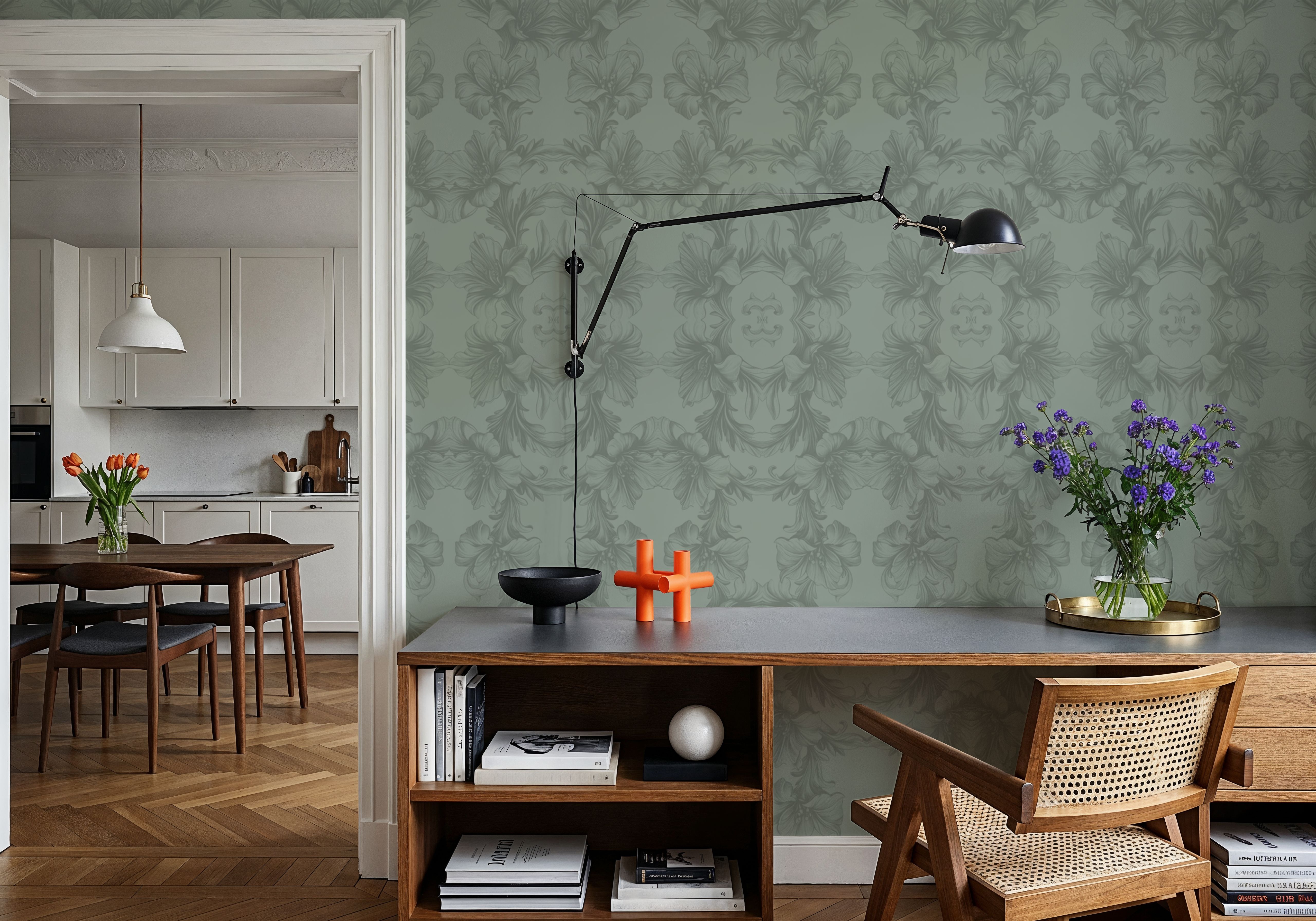 Wall Mural - Flower Bridges Mint - Damask Toile de Jouy mural wallpaper - Offices - Wallism US - Premium, Textured or Peel & Stick