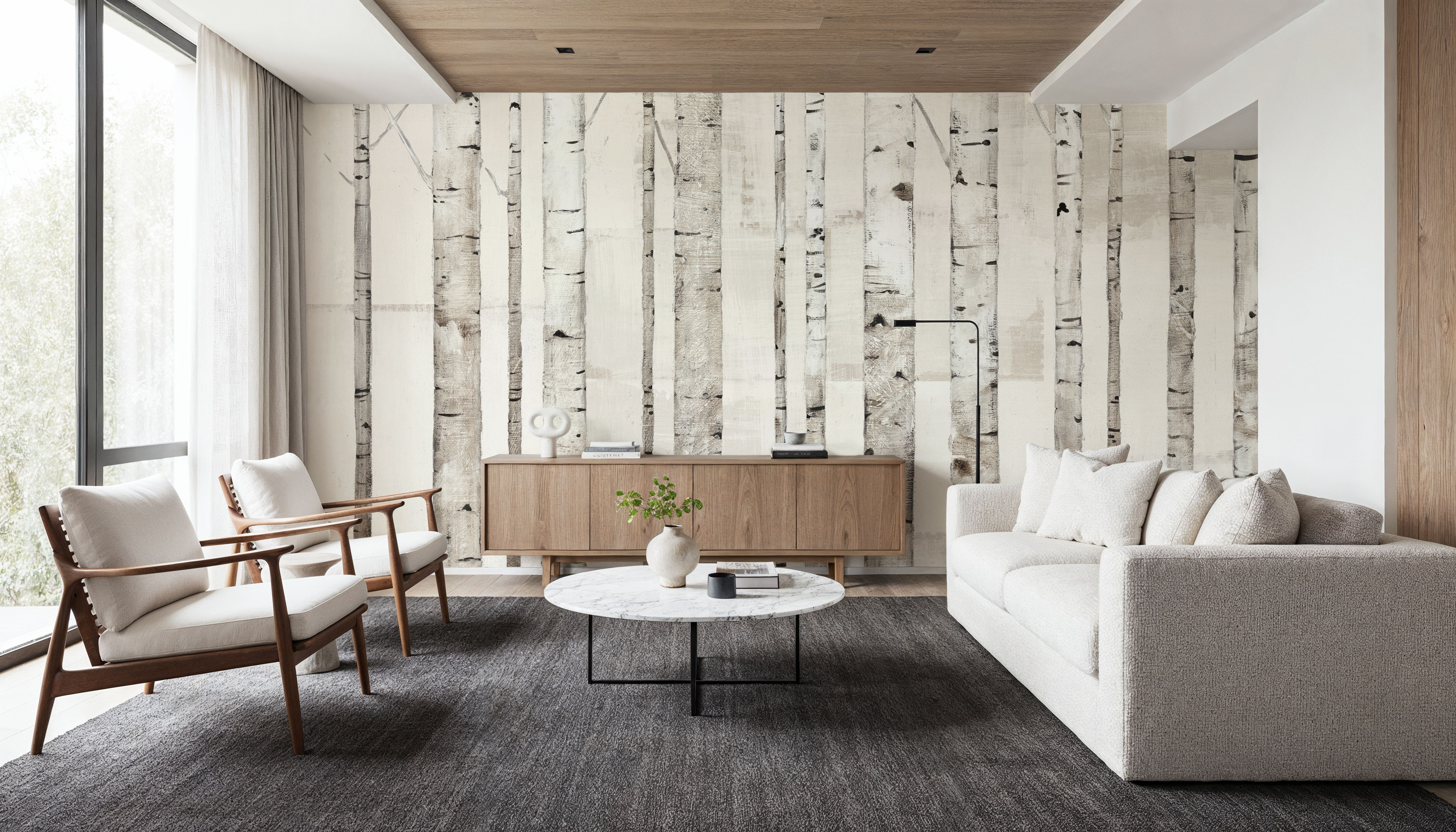 Birch Trees on White, Wallpaper