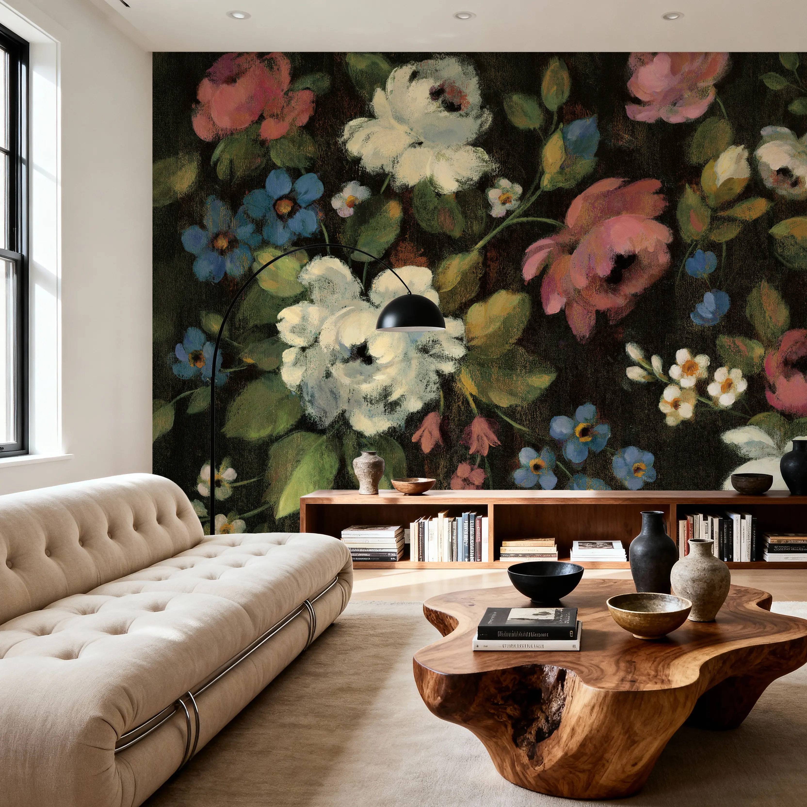 Wall Mural - Expressive Spray on Black - Chintz Floral mural wallpaper - White - Living room - Wallism UK - Peel & Stick or Paste-the-Wall