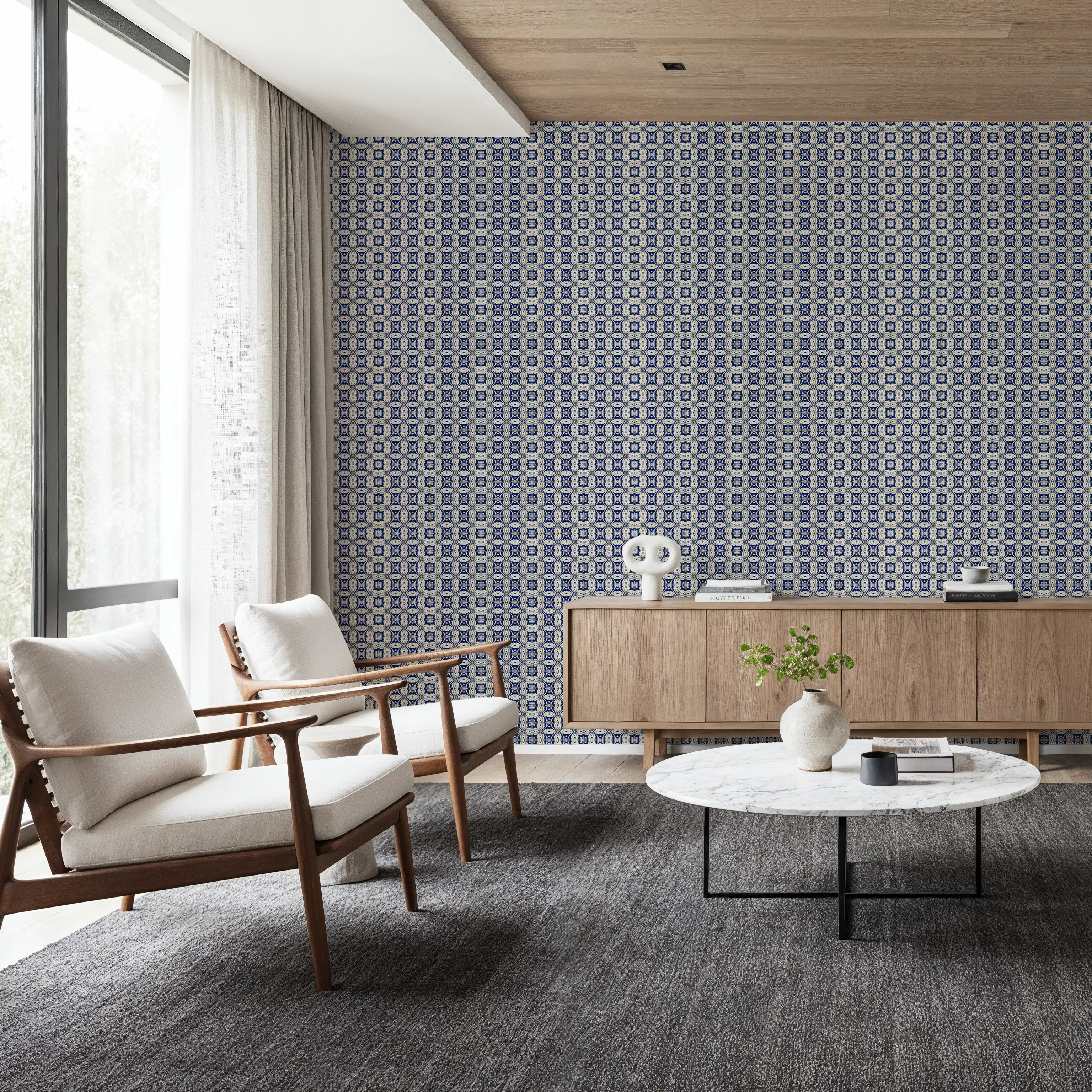 Wallpaper - Nara Soft Climbers - Folk Toile de Jouy - Blue - Dining Room - Wallism UK - Peel & Stick or Paste-the-Wall