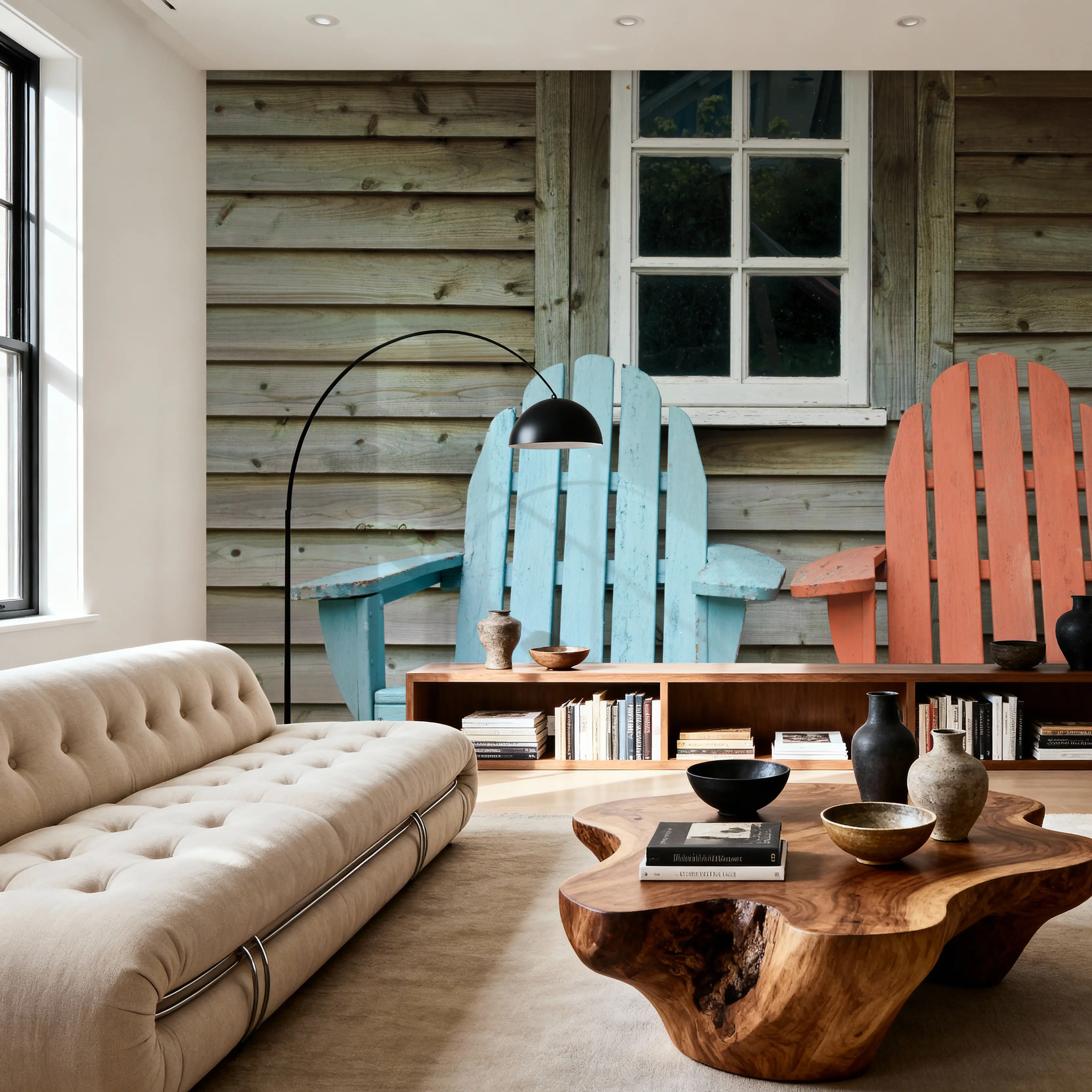 Papier Peint Panoramique - Porch Chairs - Fenêtres Bois - Orange - Salon - Wallism Belgique - Encollage au mur ou Autocollant