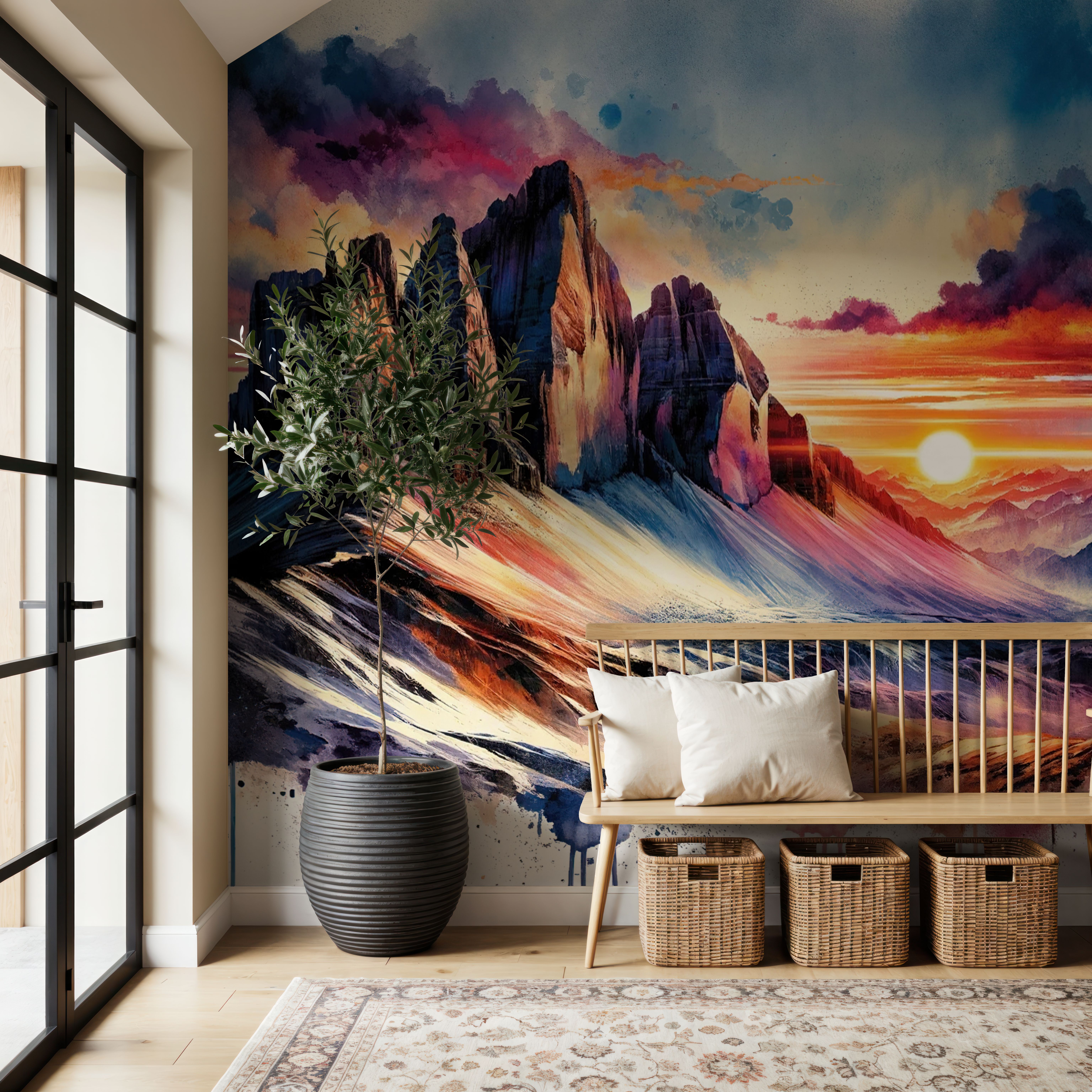 Watercolor Mountains Landscape At Sunset