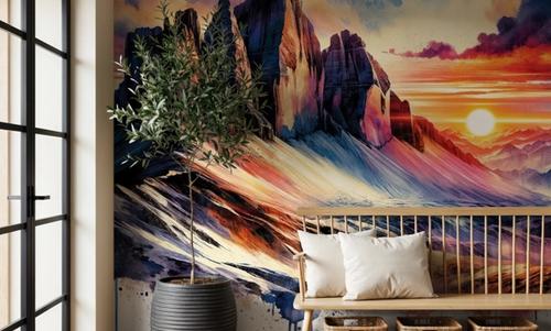 Watercolor Mountains Landscape At Sunset