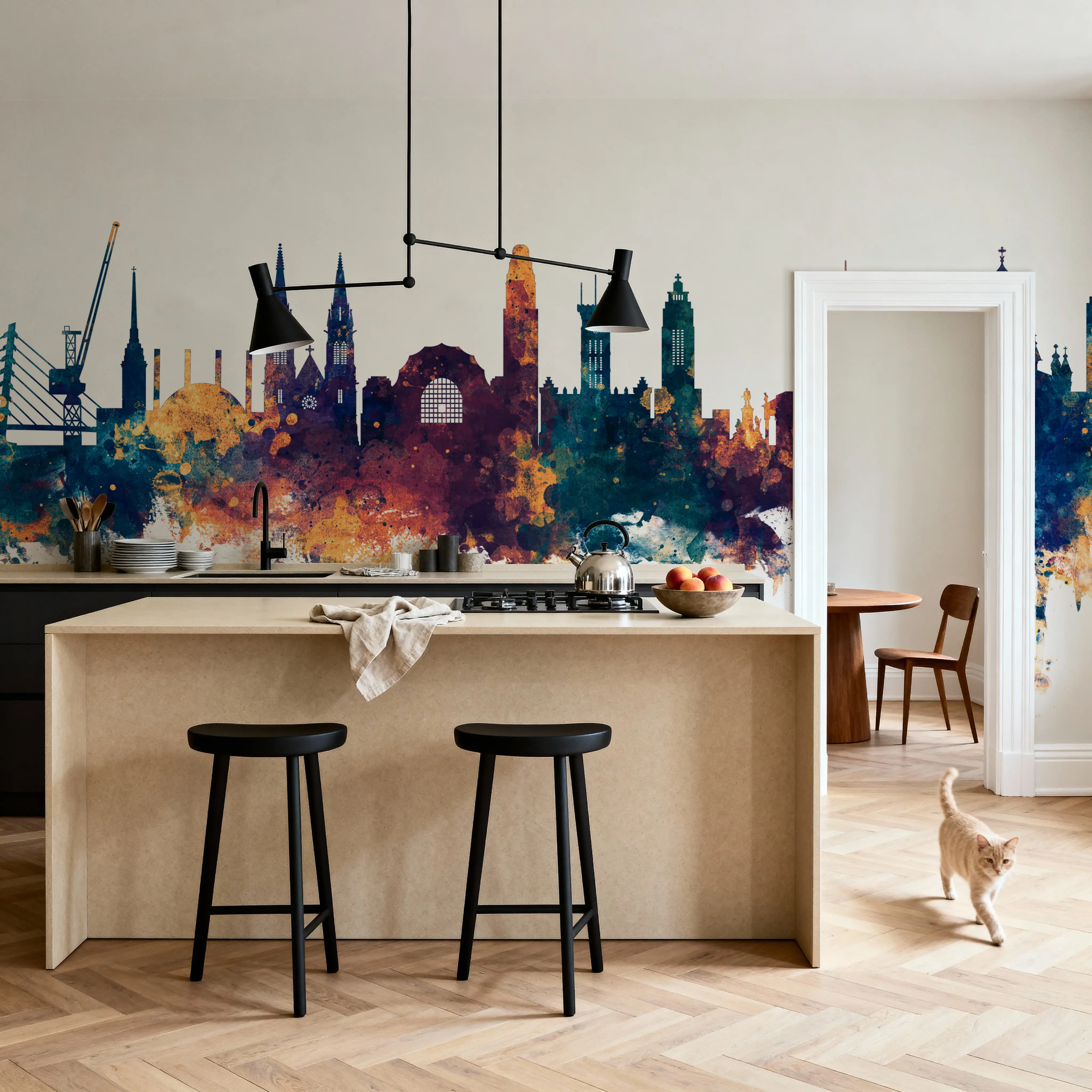 Fotobehang - Helsinki Skyline Blue & Bronze - Hedendaagse Kunst Mural - Kantoorruimtes - Wallism Nederland - Zelfklevend of Vliesbehang