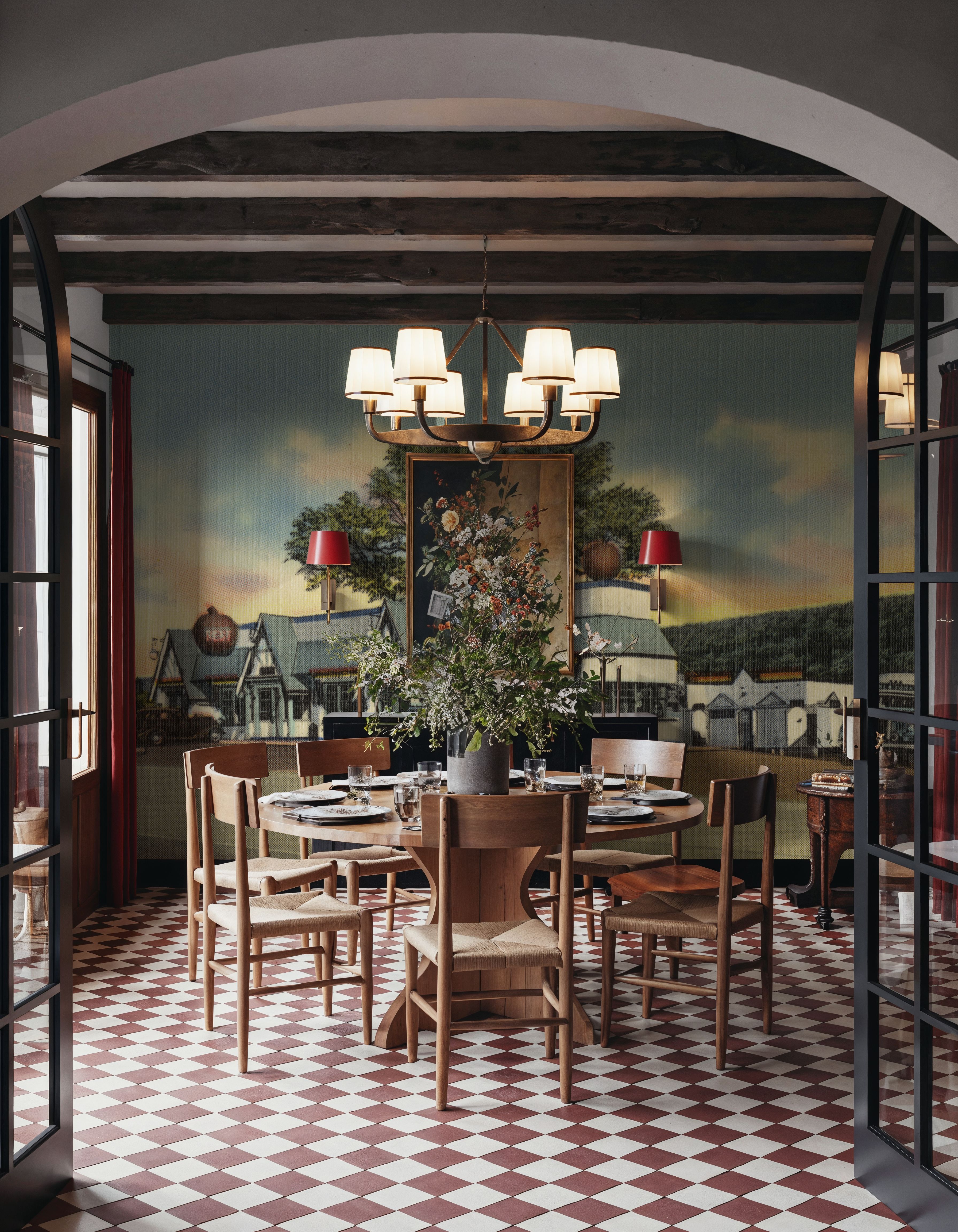 Papier Peint Panoramique - Greetings from Red Apple Rest - Screenprint Postcard - Architecture Véhicules - Bleu - Salon - Wallism Belgique