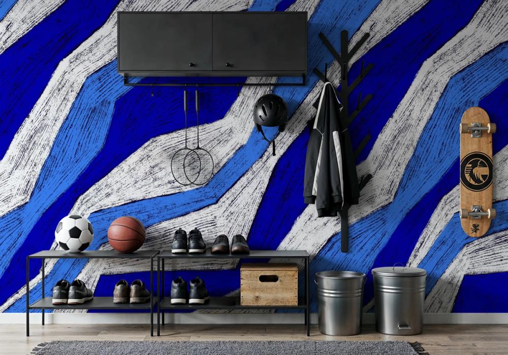 an interior photo of a garage storage area with clothes hanger, sports equipment abd a blue graphic wallpaper on the walls