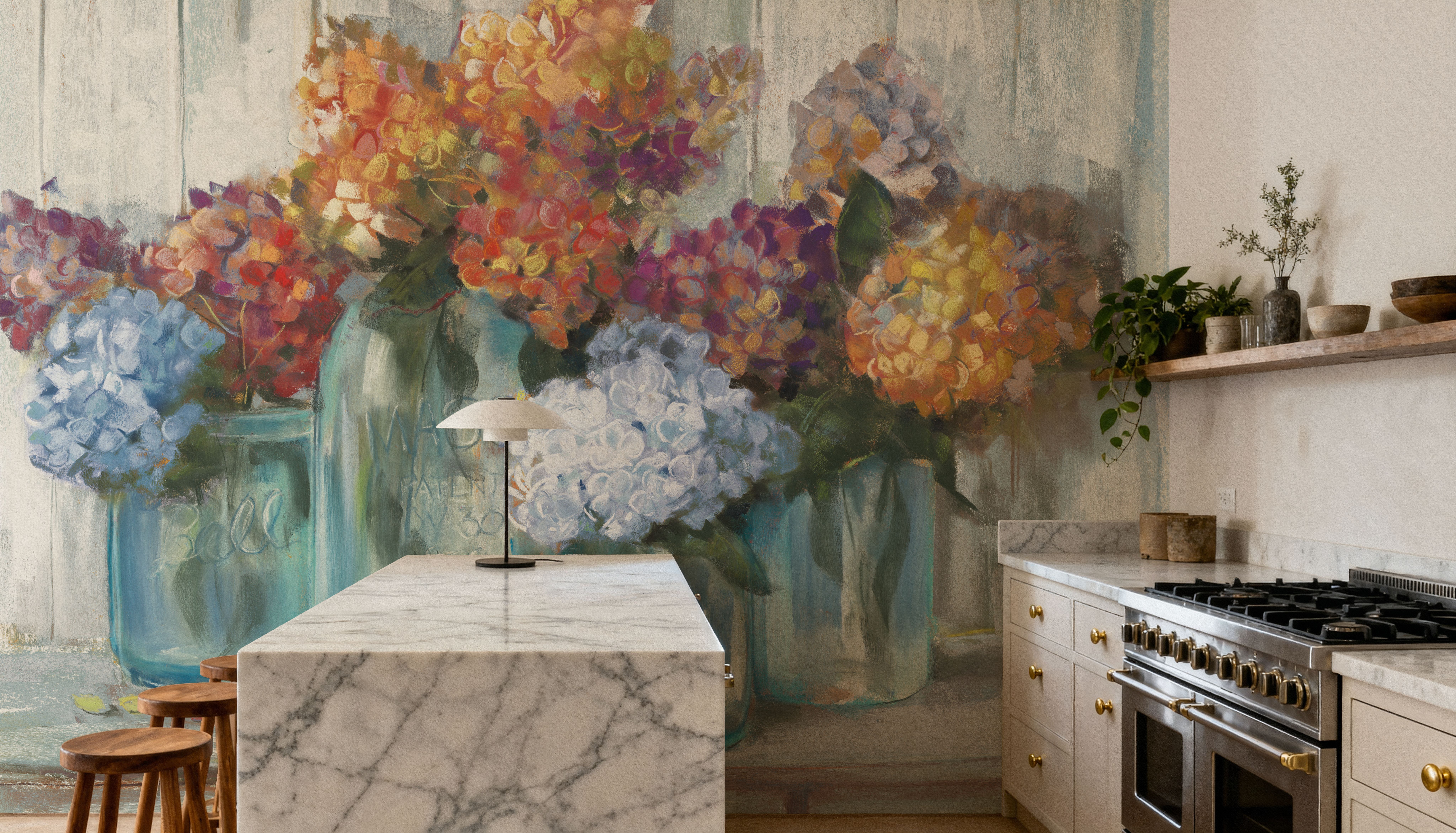 Hydrangeas in Glass Jars Blue