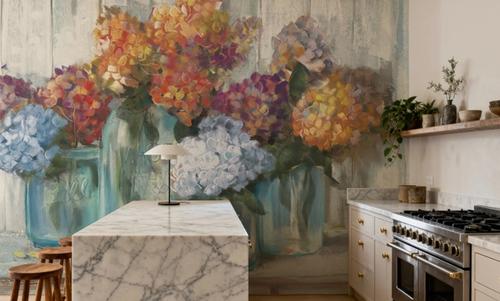 Hydrangeas in Glass Jars Blue
