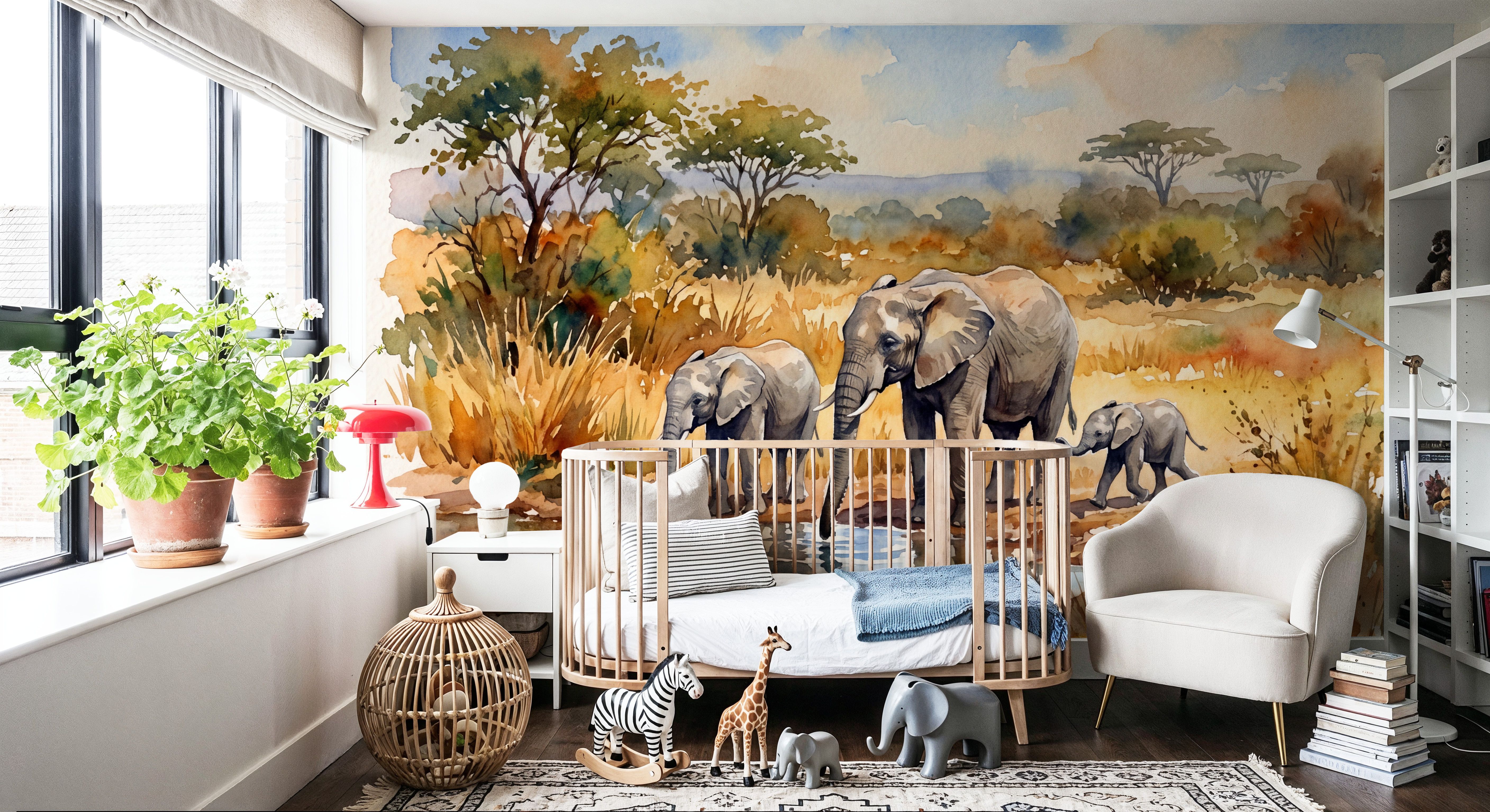 Elephants by the Water Hole - Watercolor Landscapes Series