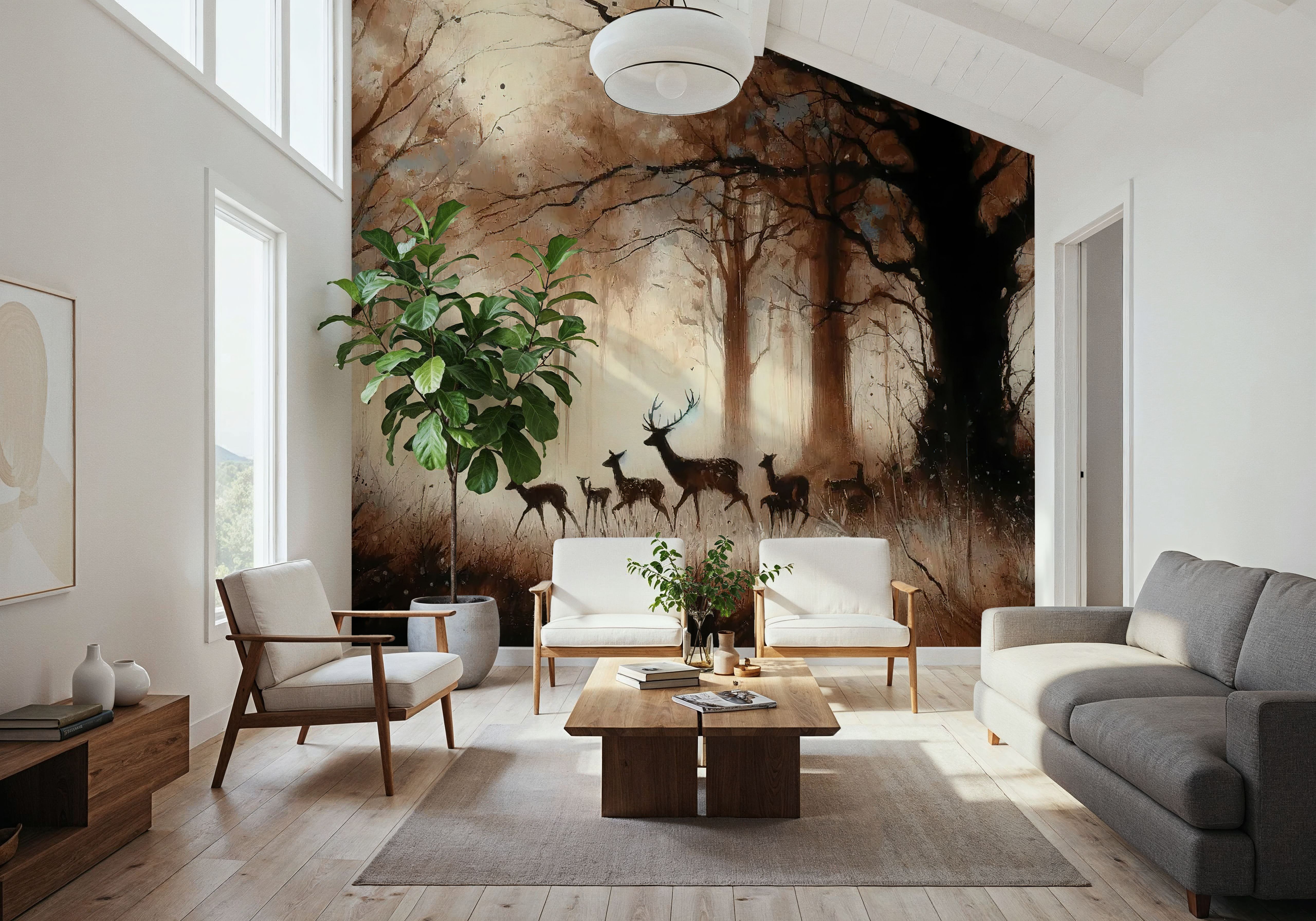 Deer Family in Misty Sepia, Wallpaper