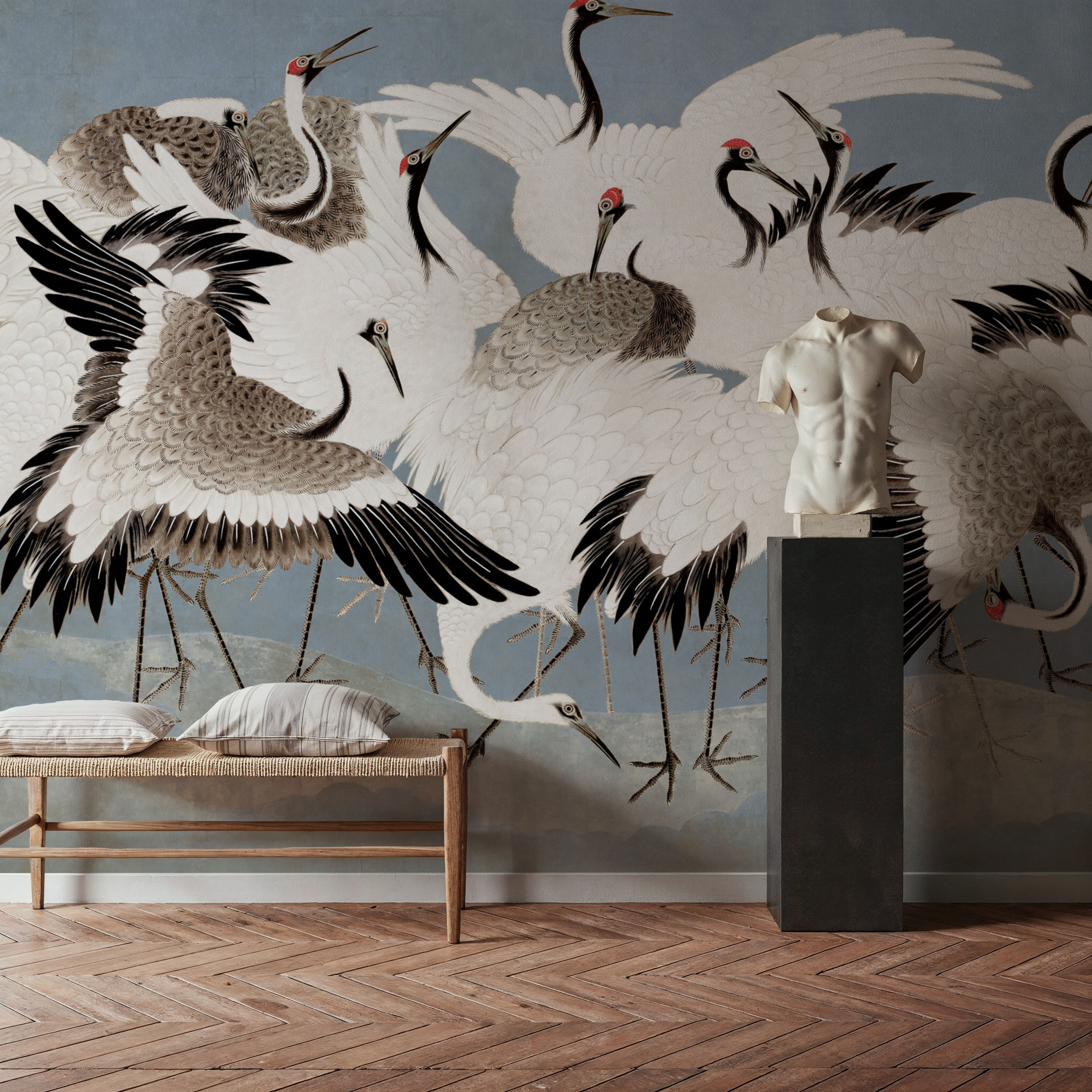 Wall Mural - Japanese Flock of Cranes, Misty Sky - Birds Animals mural wallpaper - Dining Room - Wallism UK - Premium, Textured or Peel & Stick