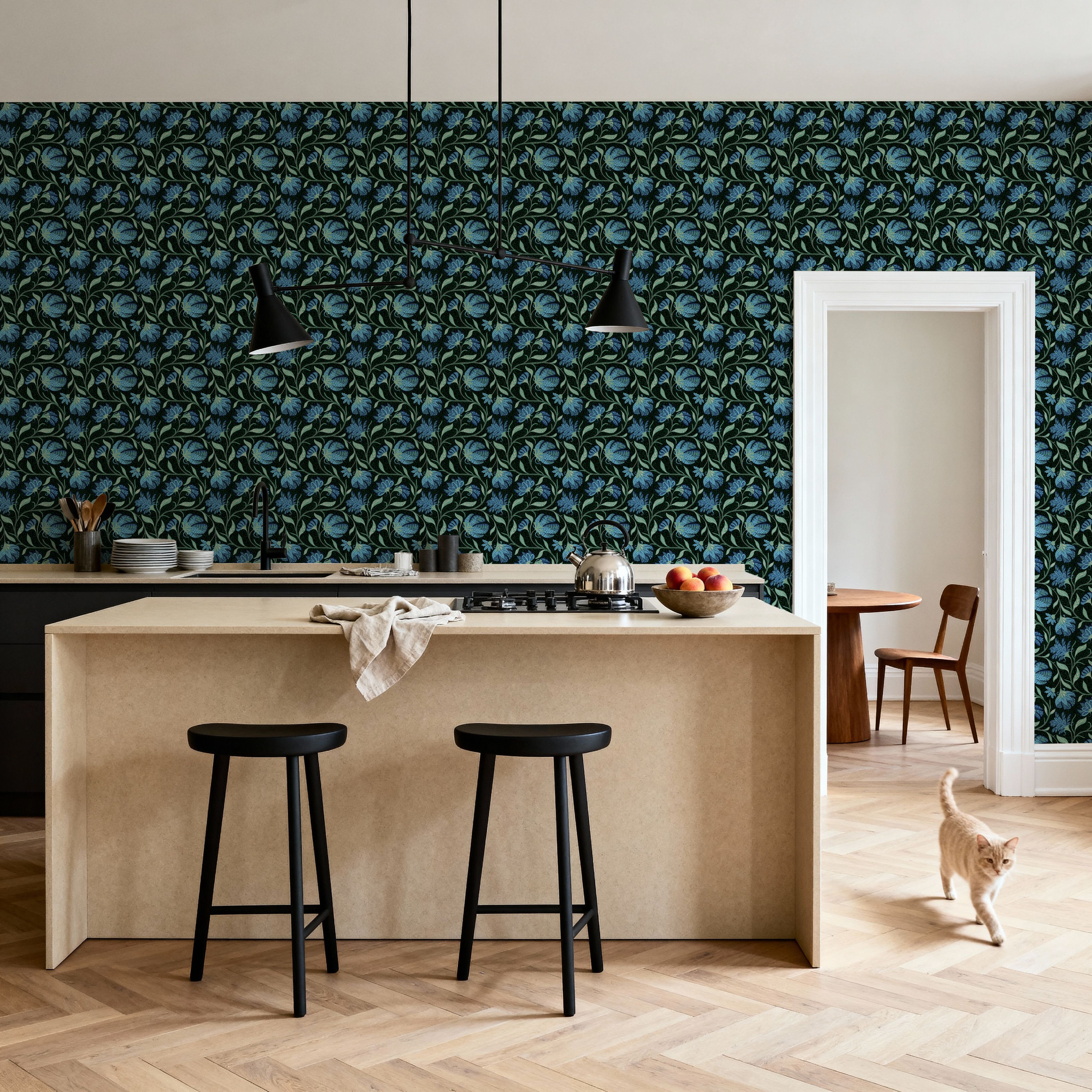 Indial Floral, Teal on Midnight
