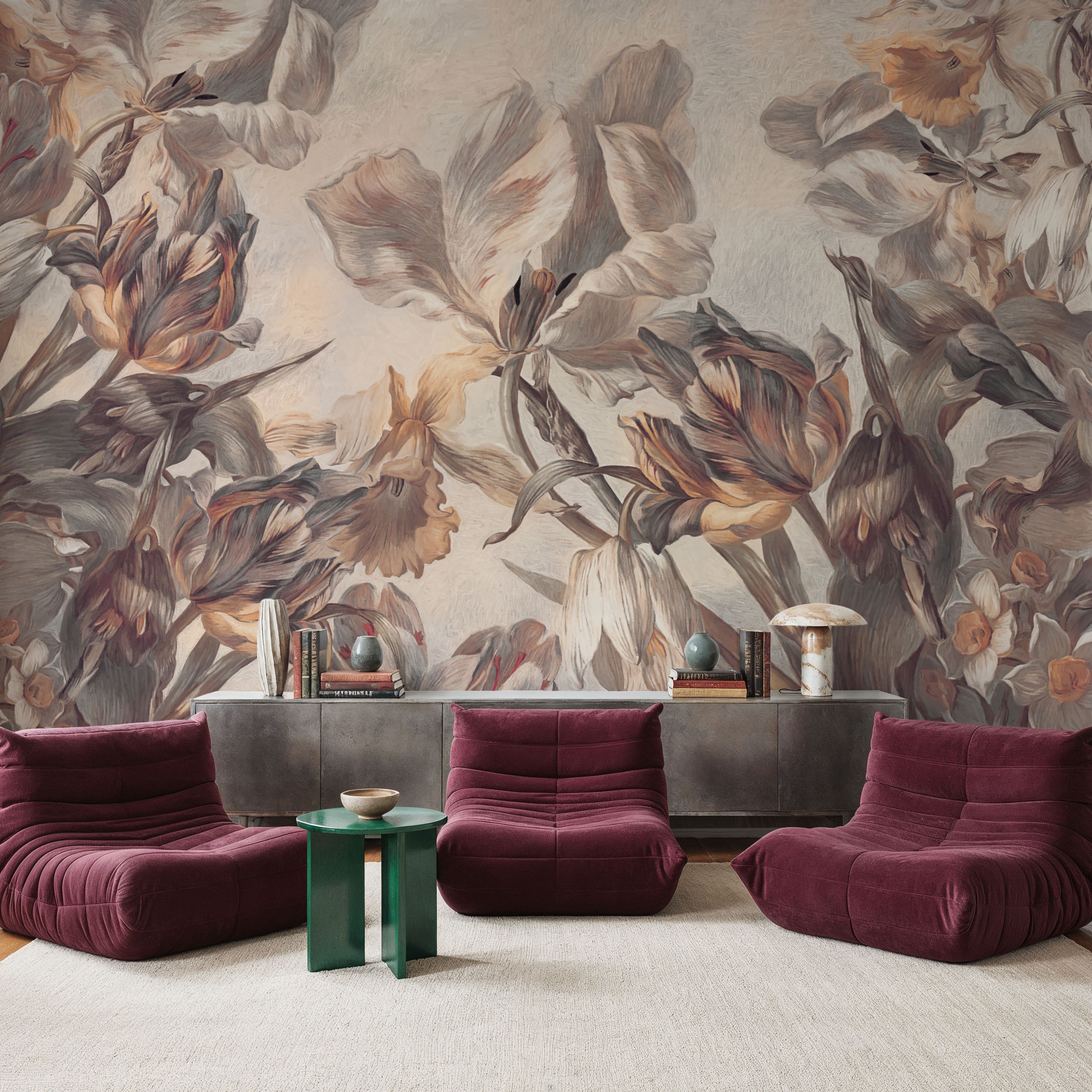 Wall Mural - Tulips Feast, Beige - Great Masters Animals mural wallpaper - Hallway staircases - Wallism US - Premium, Textured or Peel & Stick