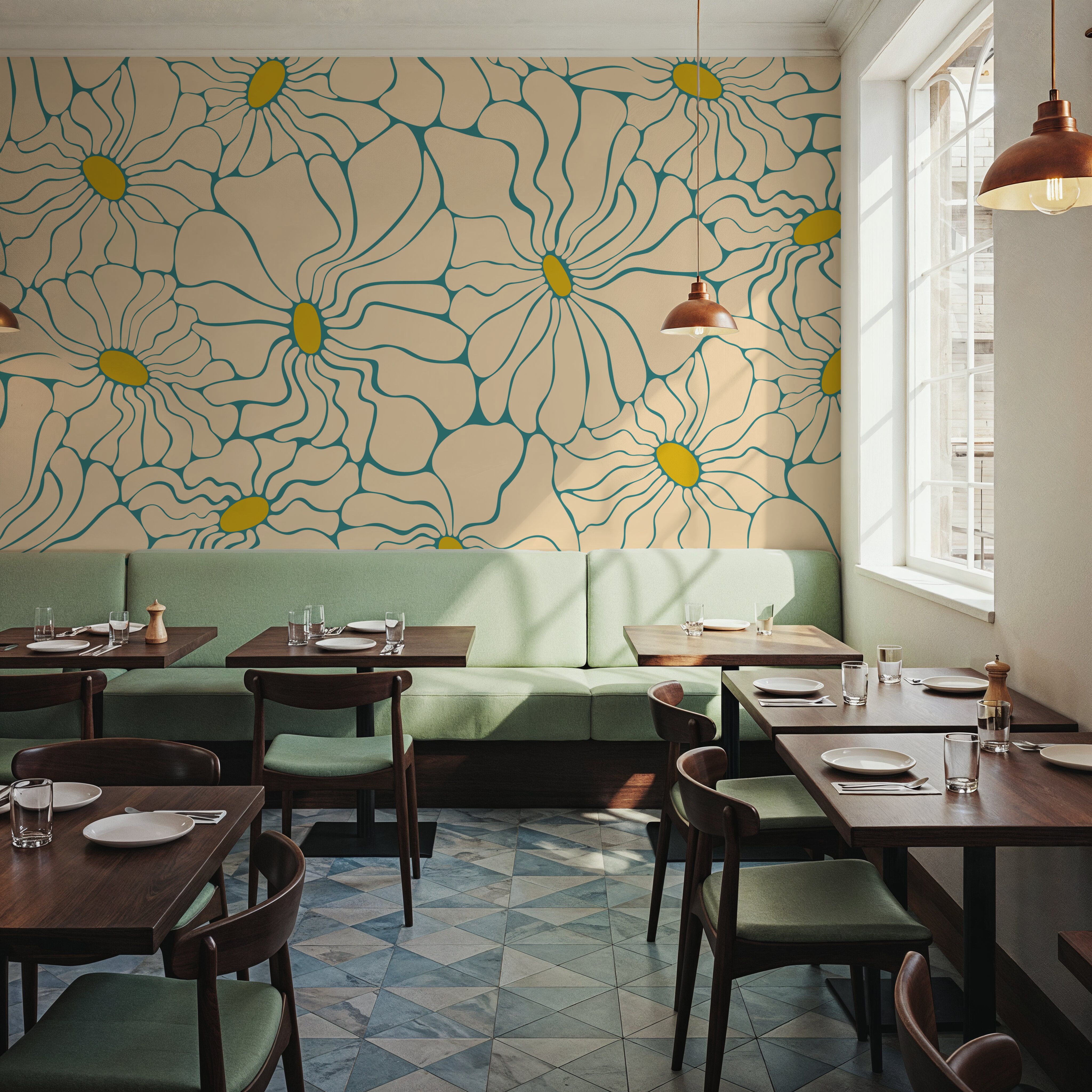 Cool Fluid Flowers Mural, Cream