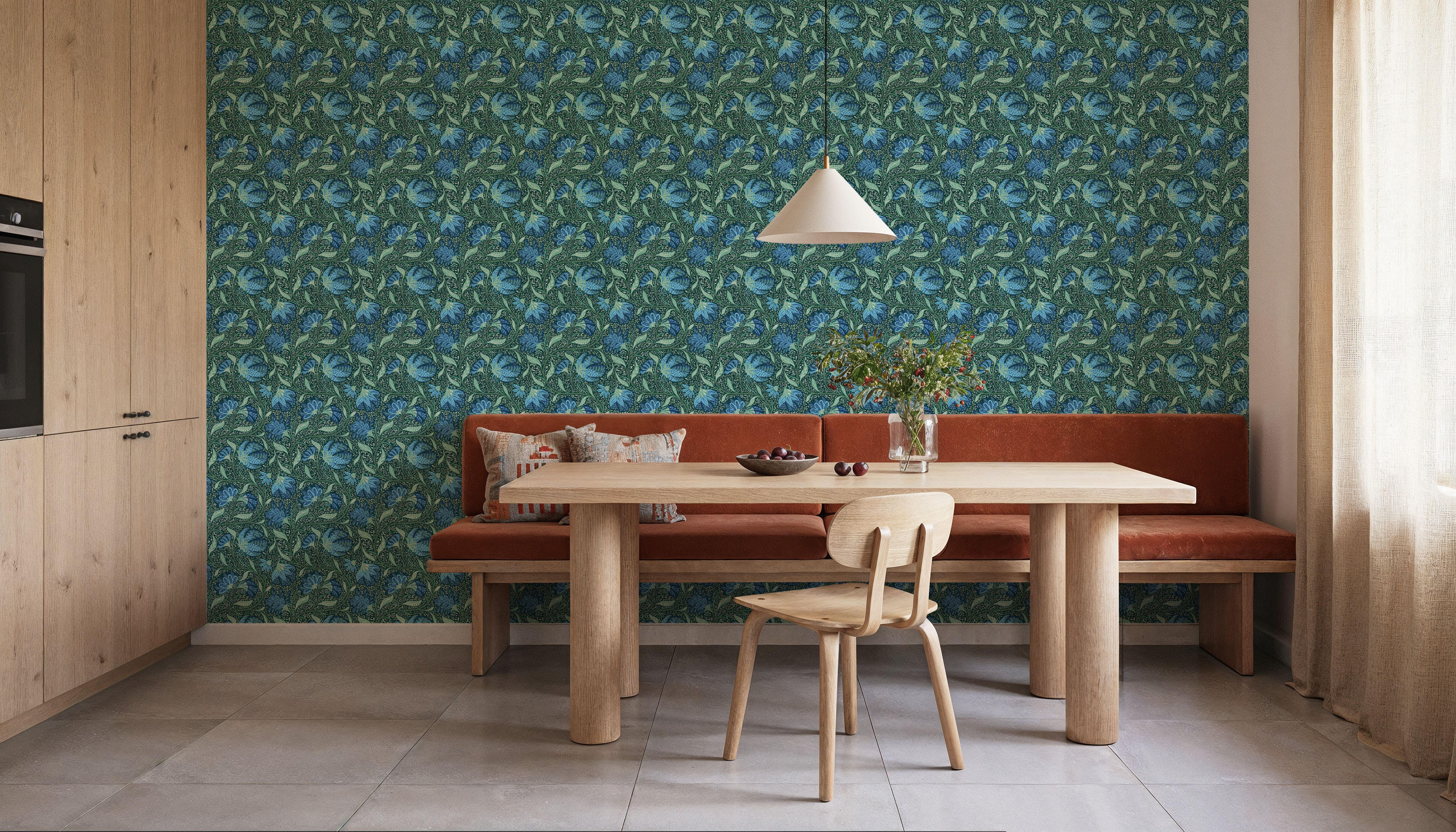 Indial Floral, Teal on Forest