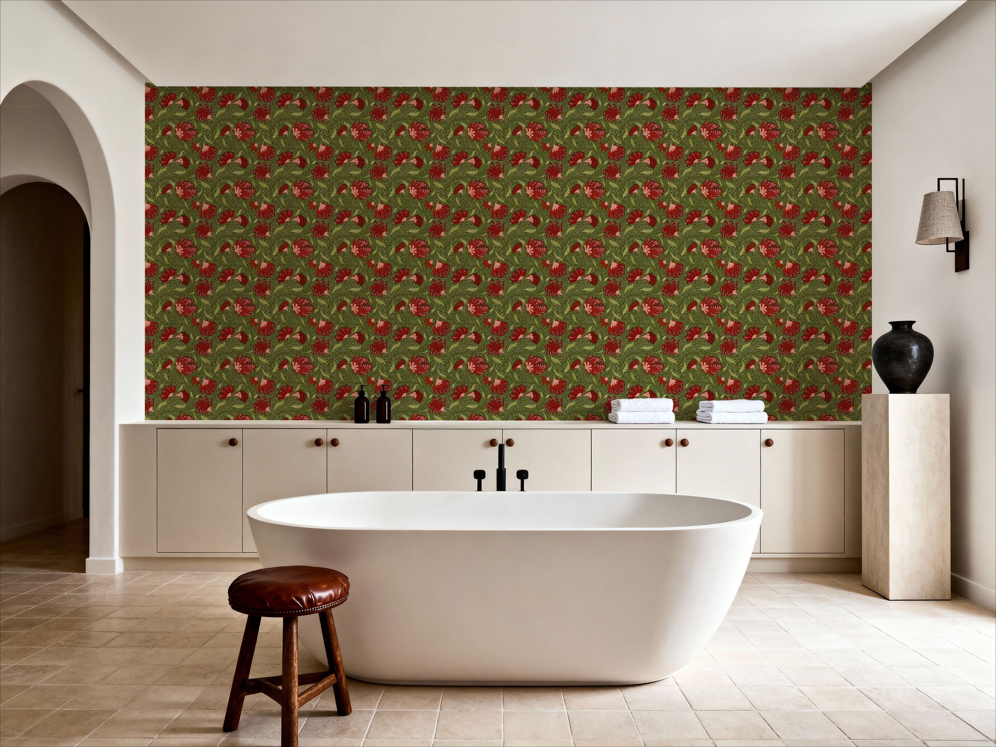 Indial Floral, Vermilion on Olive