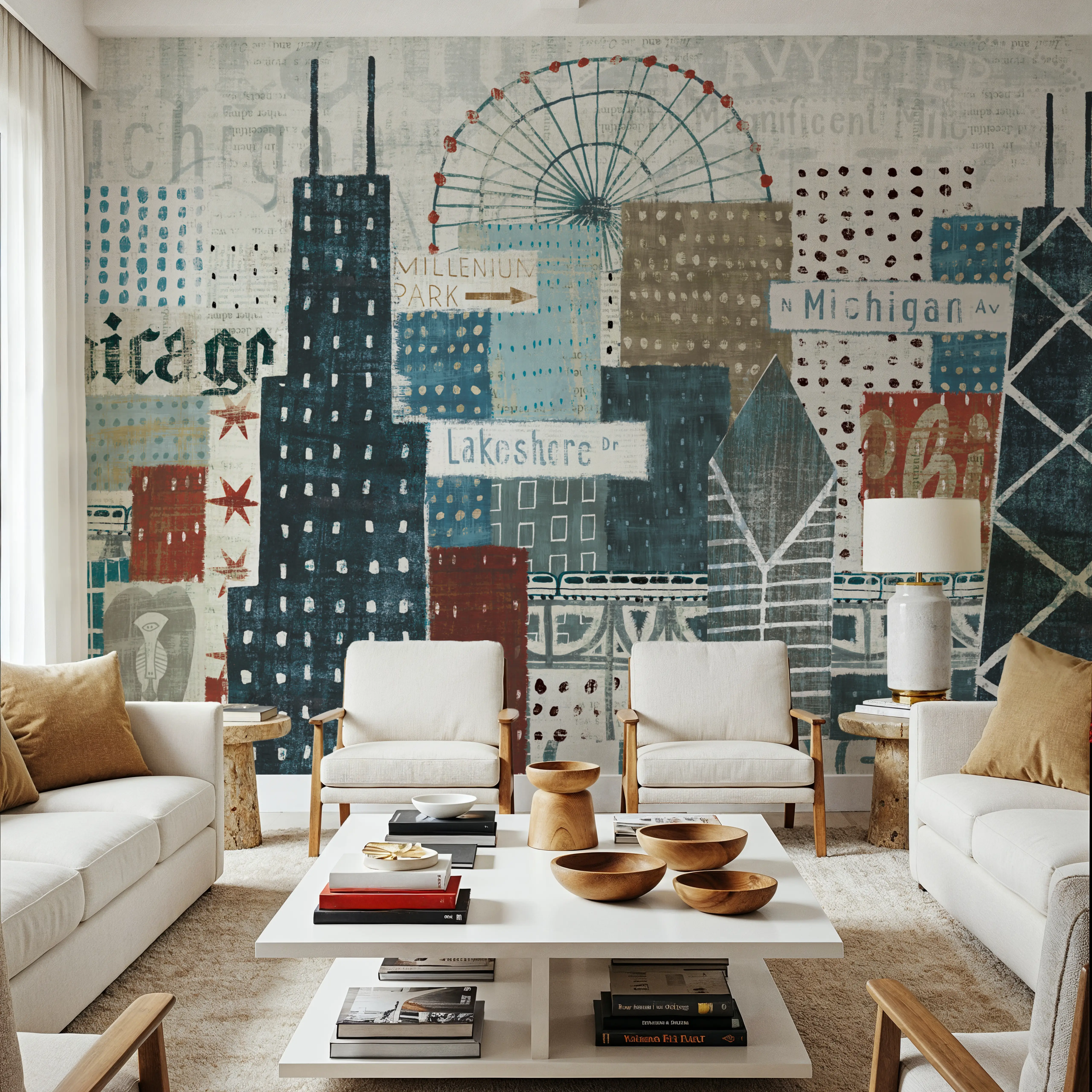 Fotobehang - Hey Chicago - Architectuur Landschappen Mural - Blauw - Kantoorruimtes - Wallism Nederland - Zelfklevend of Vliesbehang