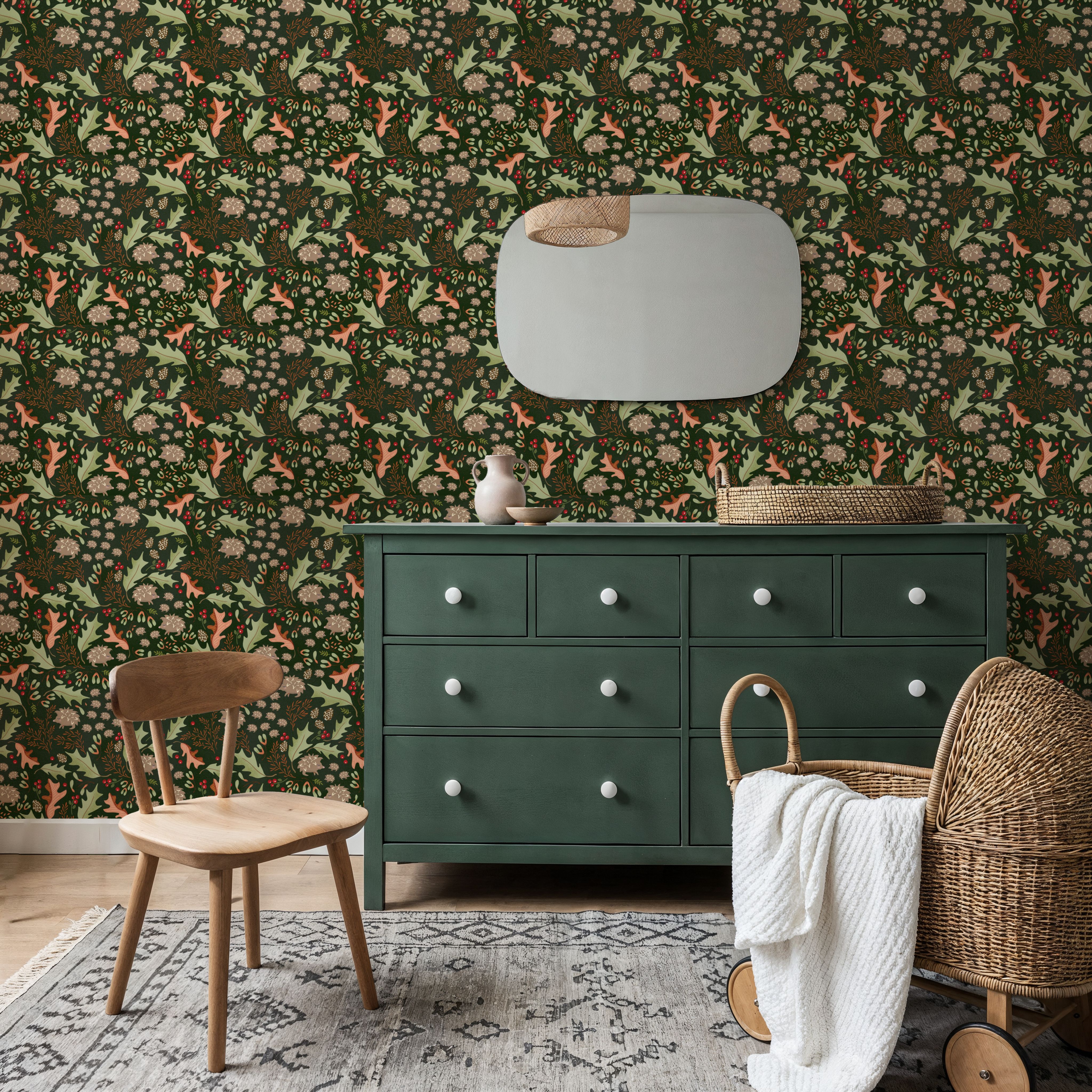 Autumn Hedgehogs, Dark Green, Wallpaper
