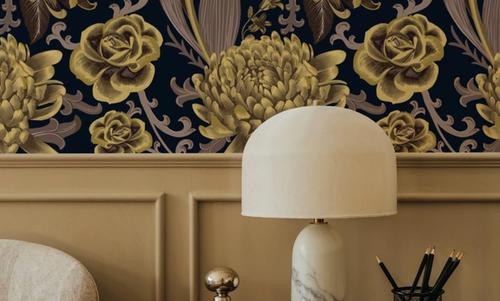 Rococo Chysantemums, Yellow on Midnight