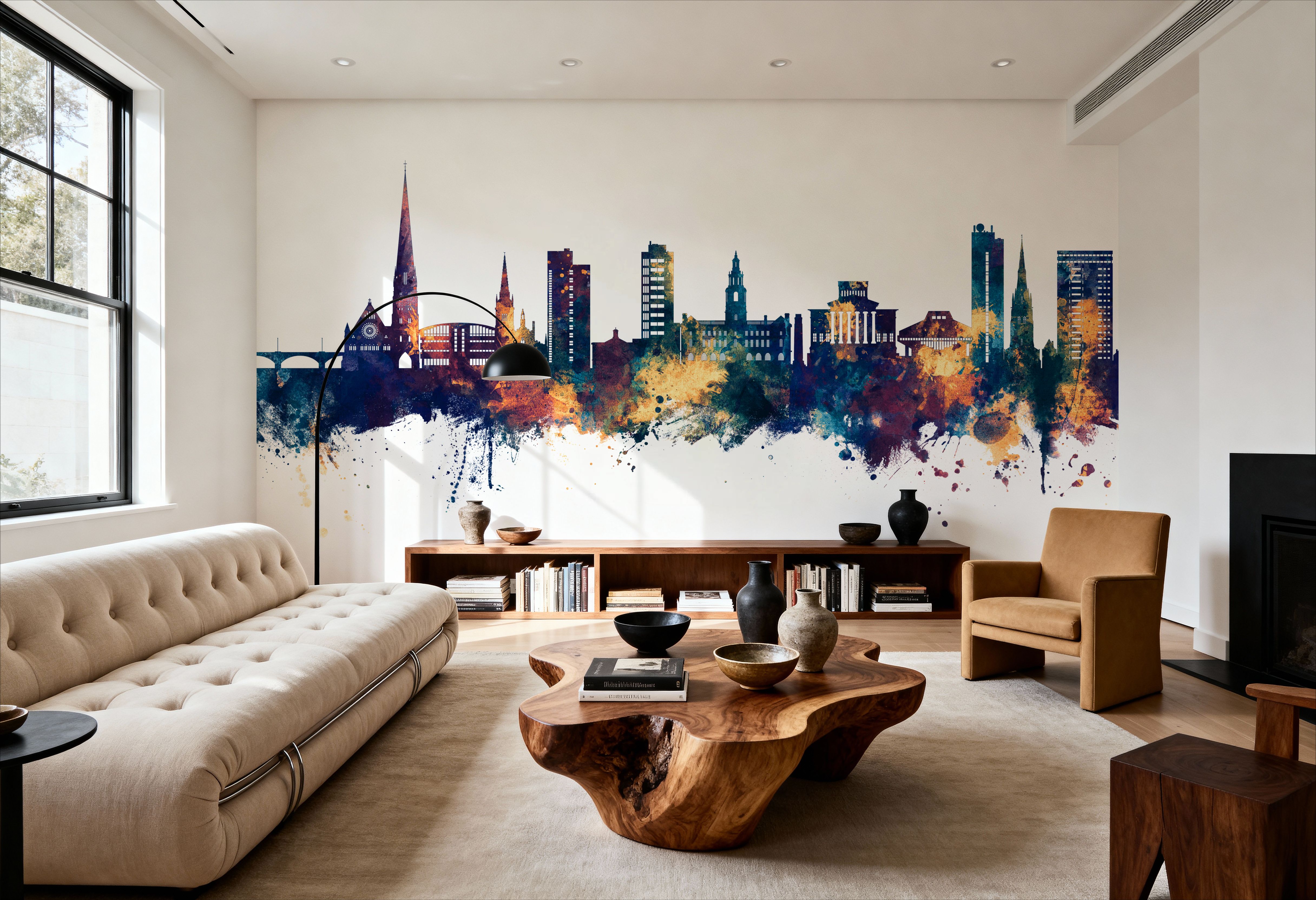 Wall Mural - Preston England Skyline Blue & Bronze - Graphics mural wallpaper - Living room - Wallism US - Premium, Textured or Peel & Stick