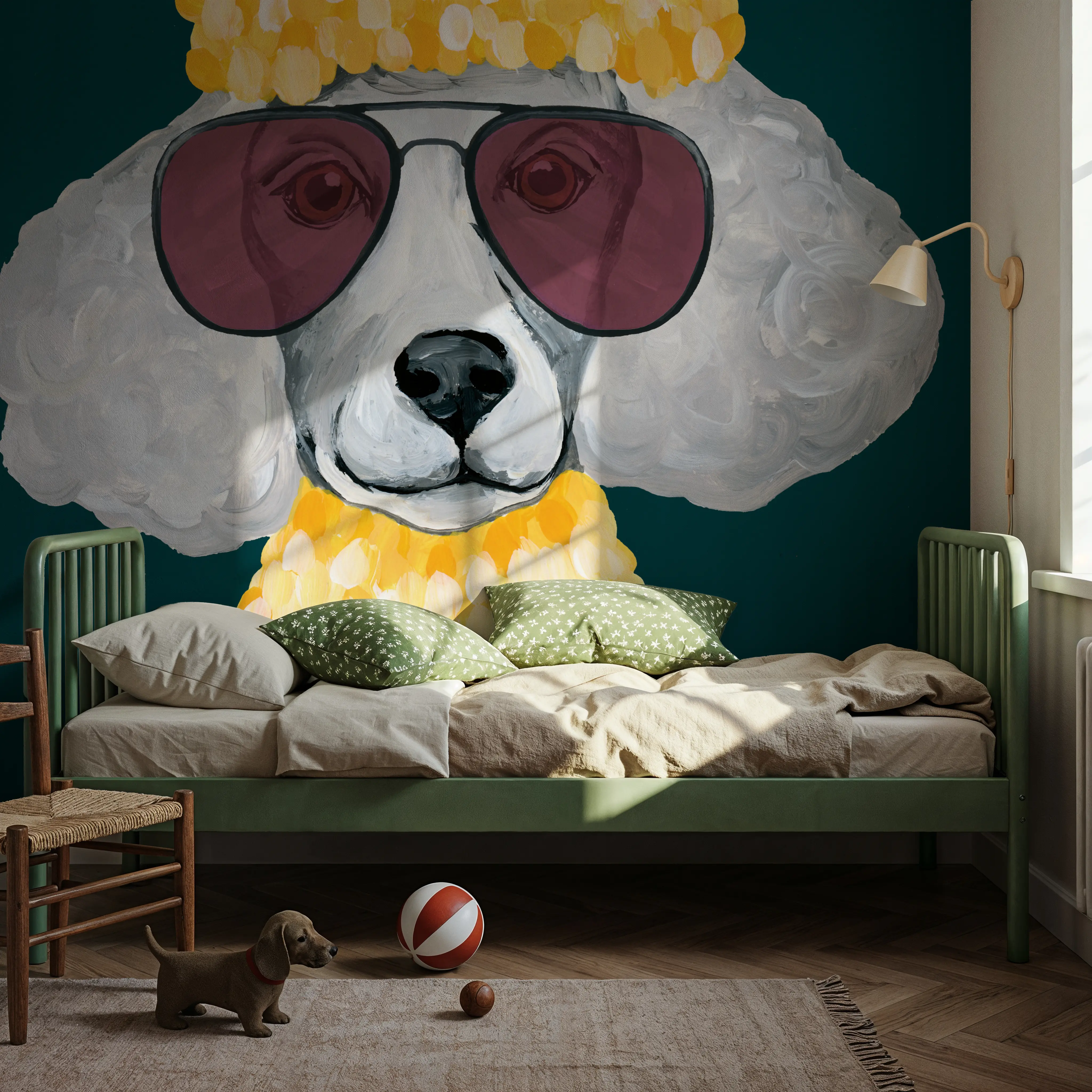 Fotobehang - Poodle Power - Hedendaagse Kunst Dieren Mural - Geel - Kantoorruimtes - Wallism Nederland - Zelfklevend of Vliesbehang