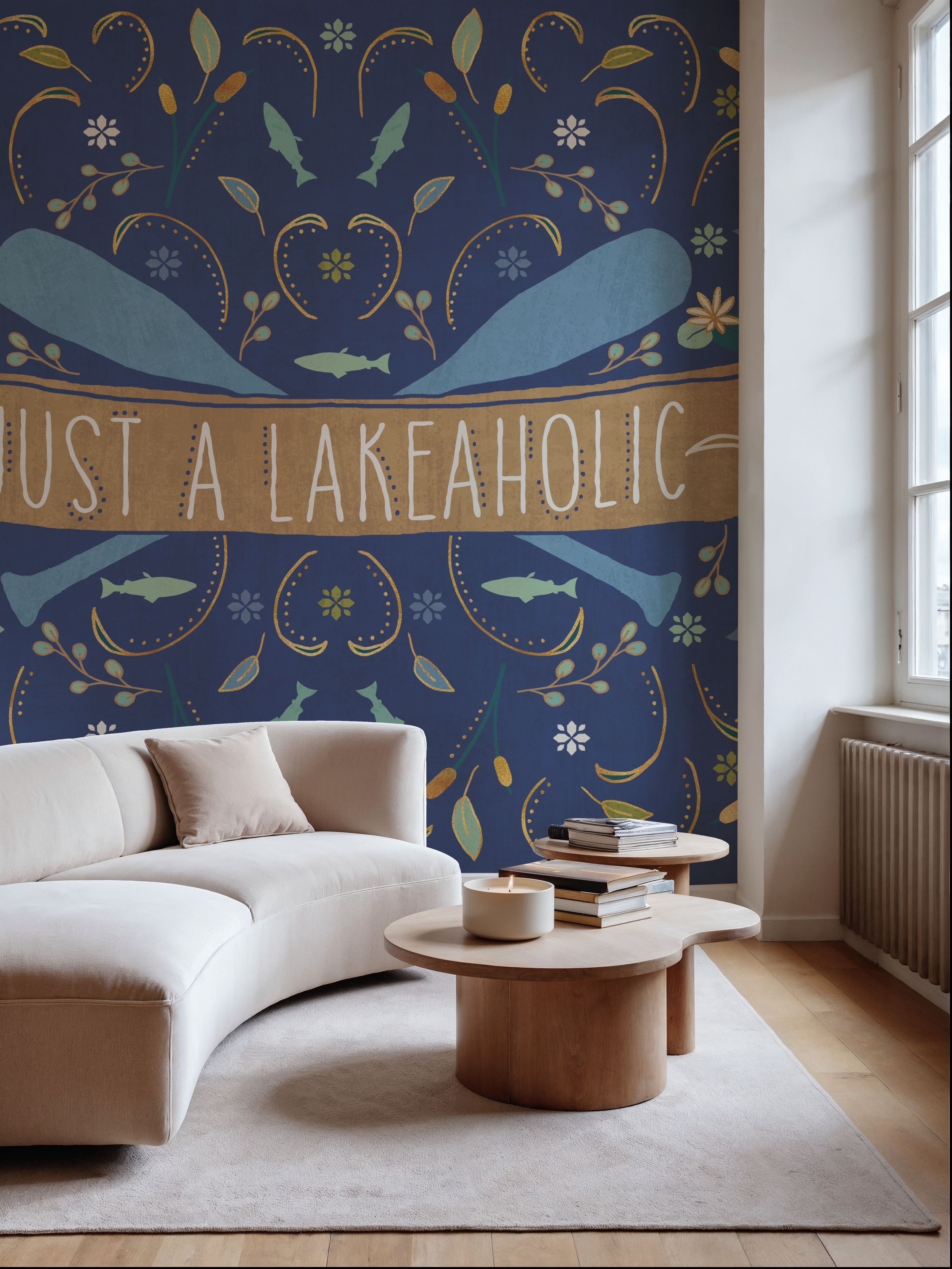 Wall Mural - Otomi Lake I Dark - Graphics mural wallpaper - Blue - Dining Room - Wallism US - Premium, Textured or Peel & Stick