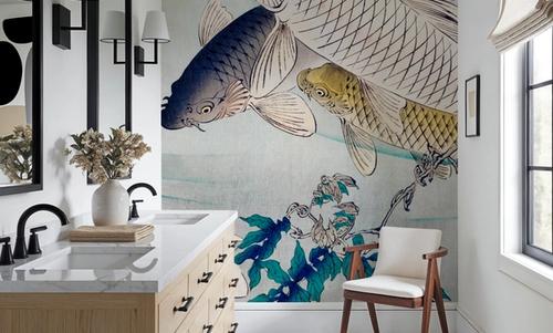 Six Carp Swimming Beneath Wisteria