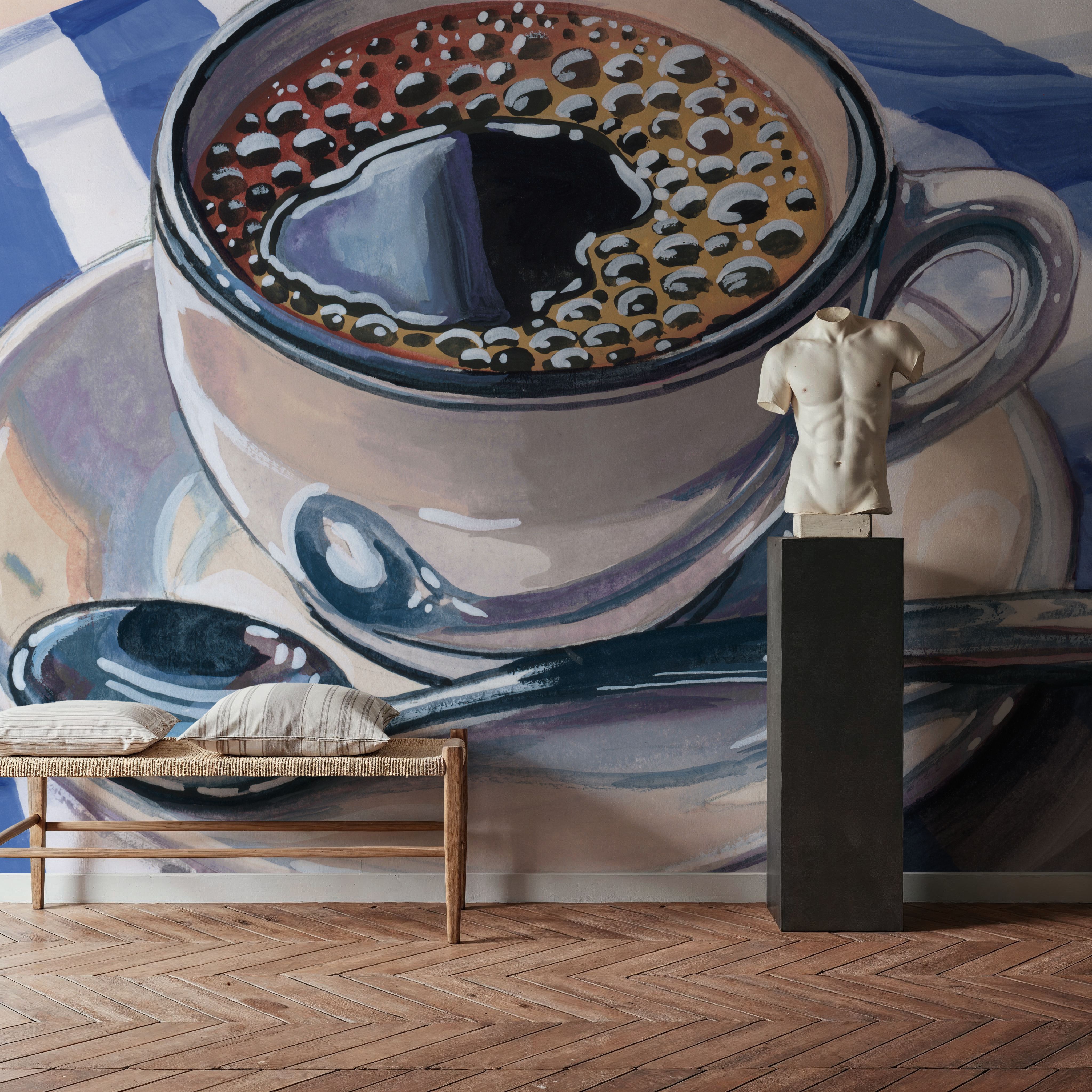 Black Coffee On Striped Cloth